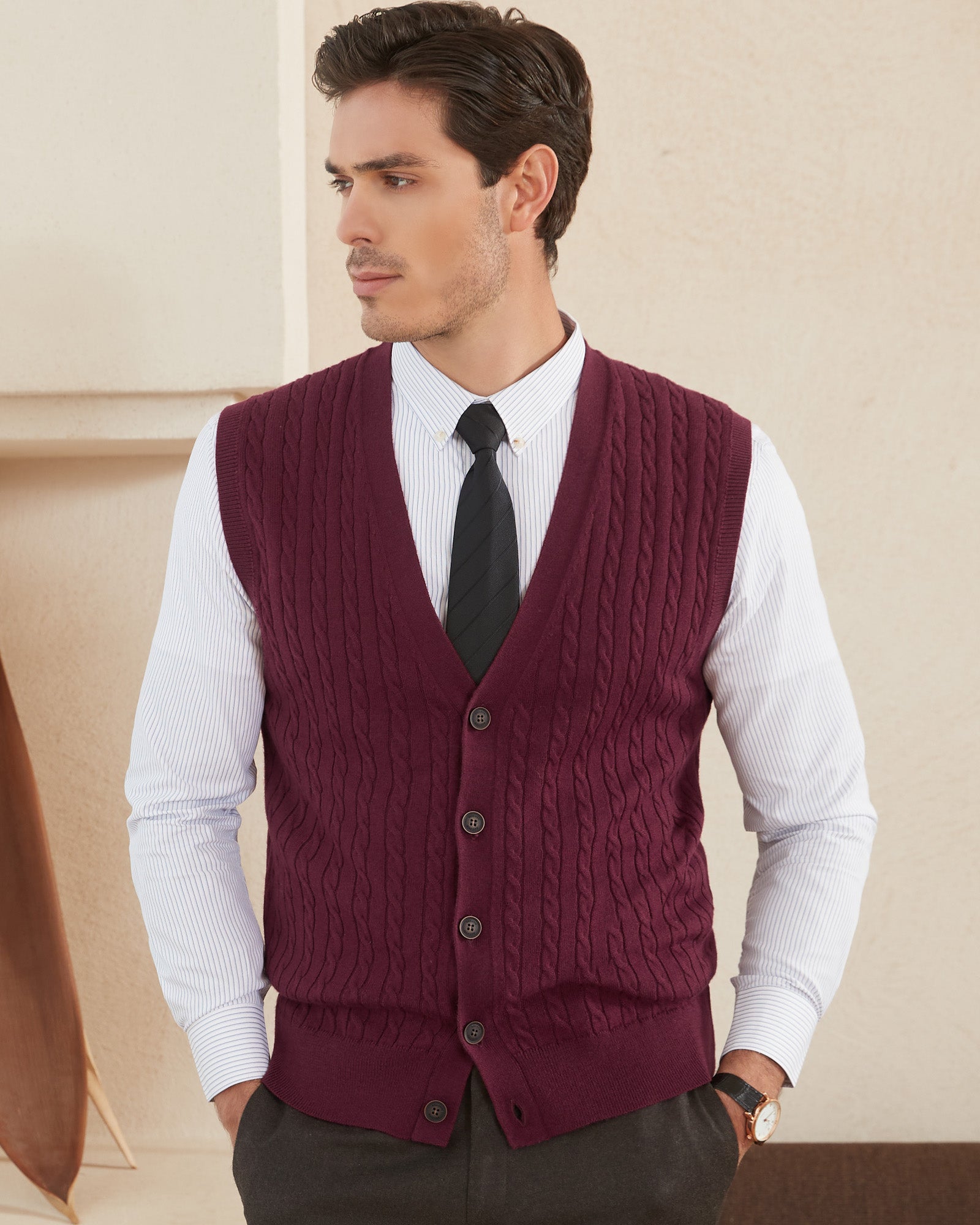 Men's Vest Sweater Cable-Knit Wool Sleeveless Cardigan Business