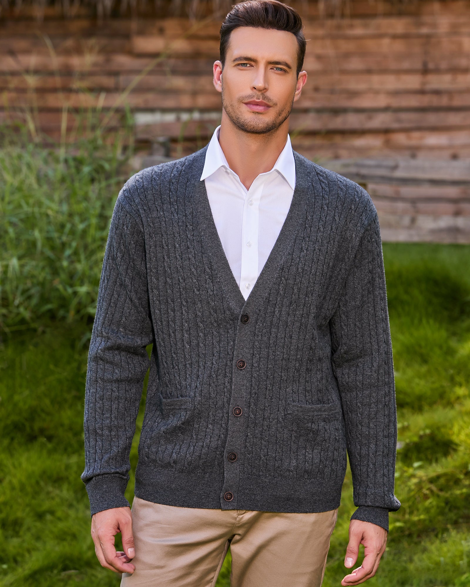 Charcoal Cable Cardigan Mens Men's Aran Cable Shawl Collar