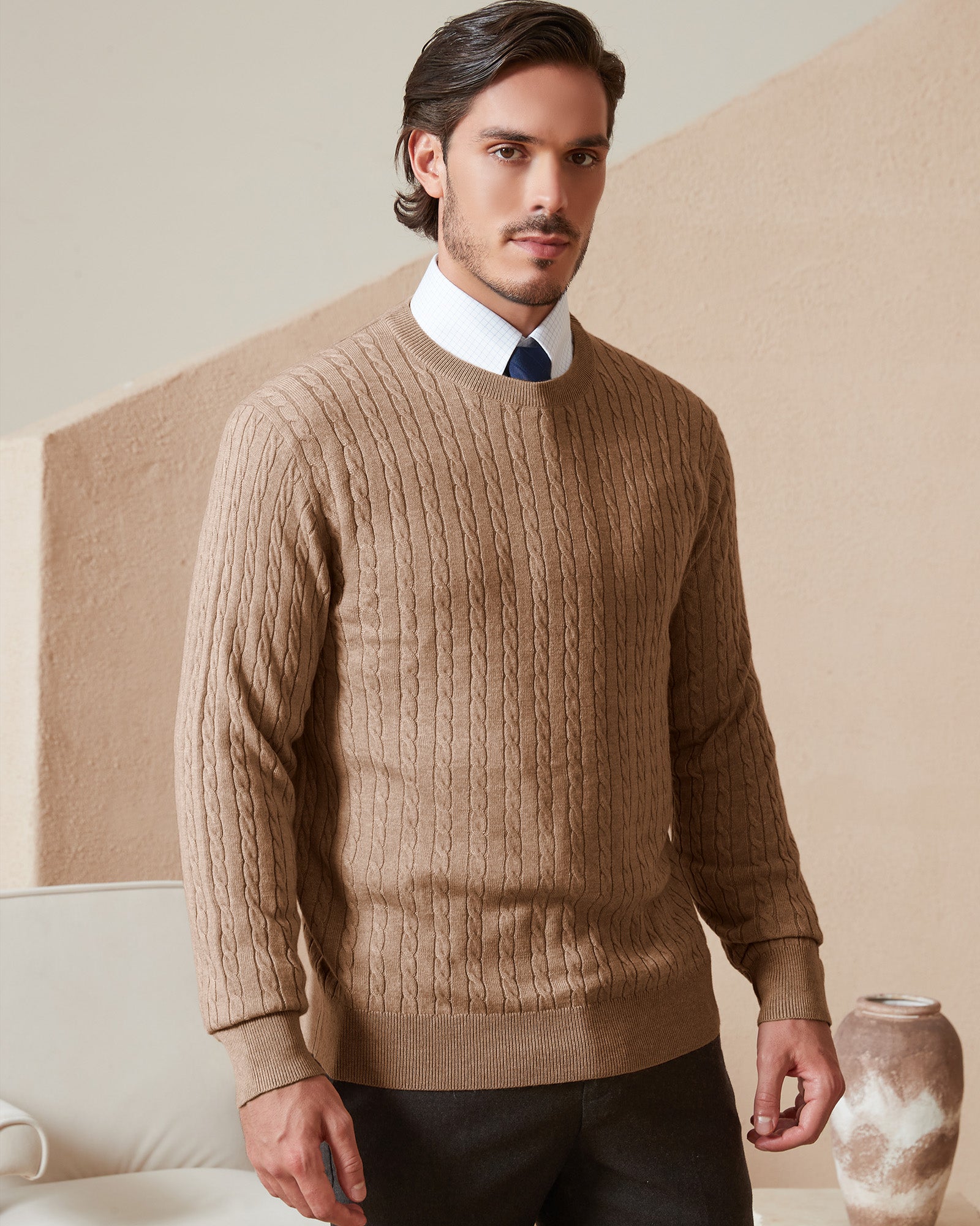 Kallspin Wool Blend Cable-Knit Crewneck Pullover - Premium Men's Clothing