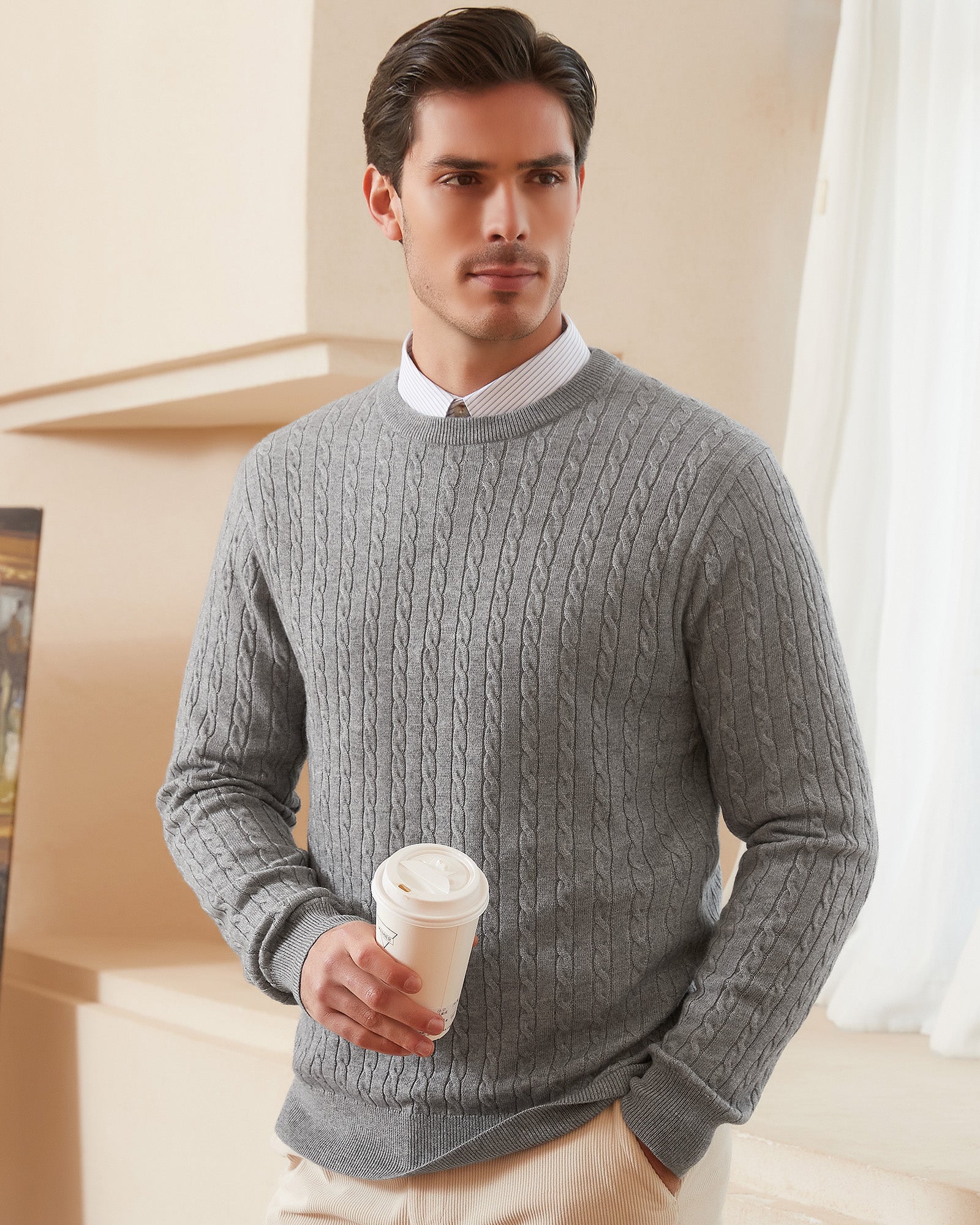 Kallspin Wool Blend Cable-Knit Crewneck Pullover - Premium Men's Clothing