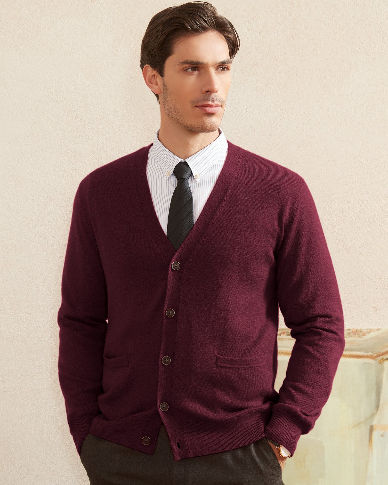 Kallspin Wool Blend V Neck Cardigan - Premium Men's Clothing