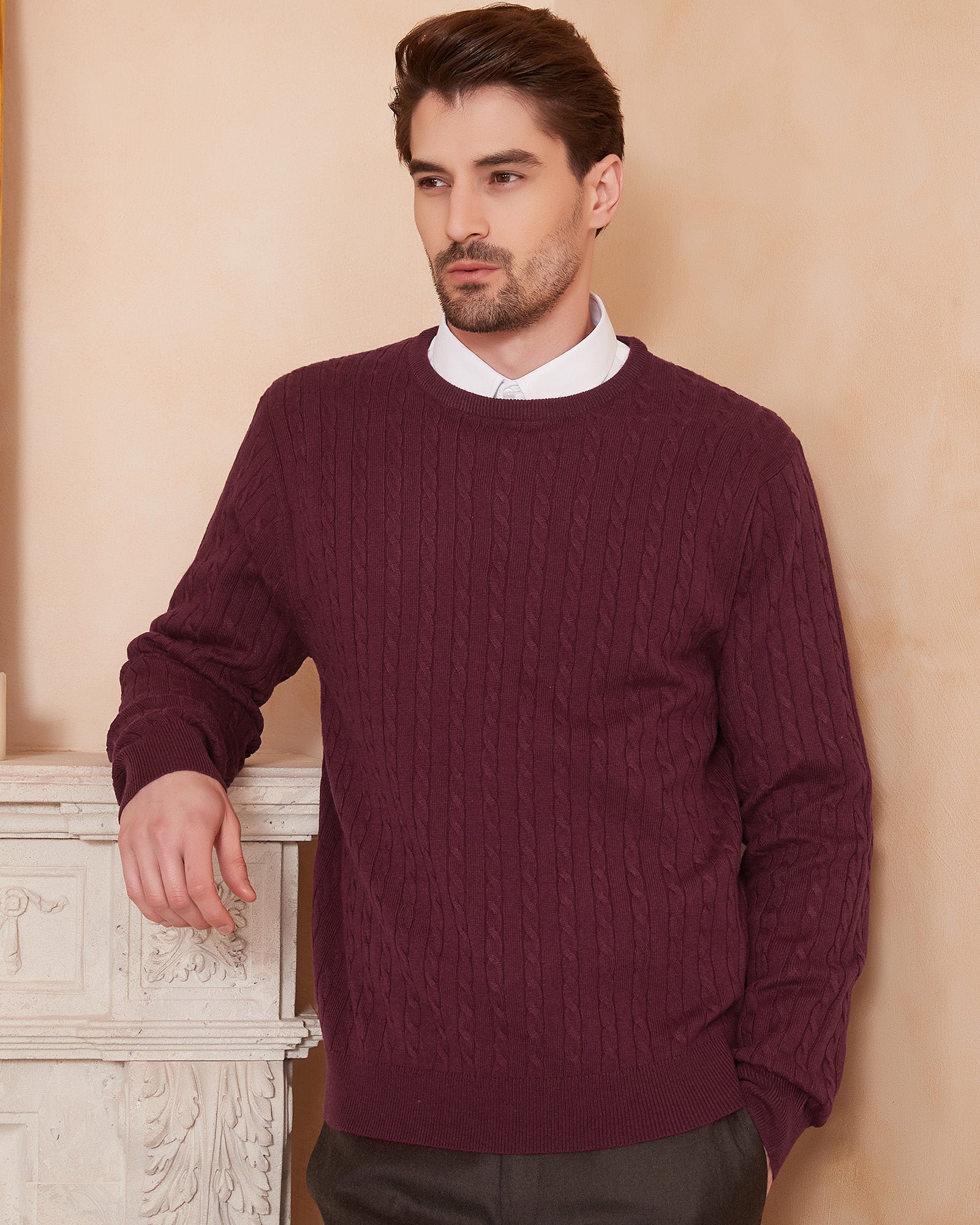 Kallspin Wool Blend Cable-Knit Crewneck Pullover - Premium Men's Clothing