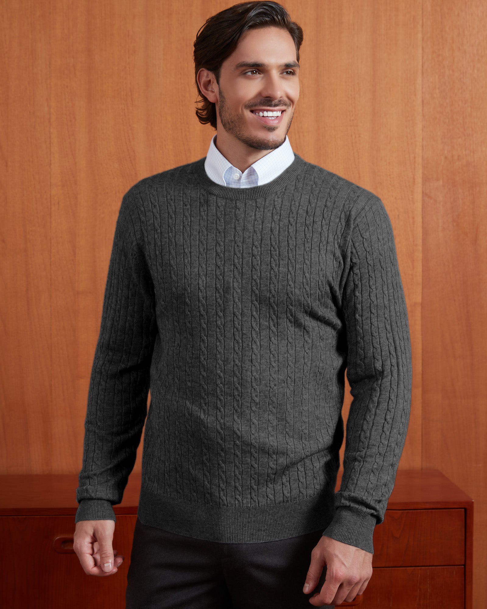 Kallspin Wool Blend Cable-Knit Crewneck Pullover - Premium Men's Clothing