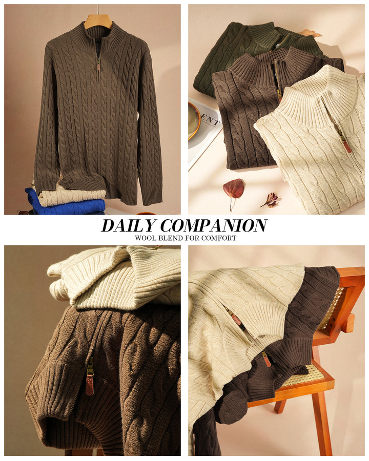 Wool Cable-Knit Quarter-Zip Pullover