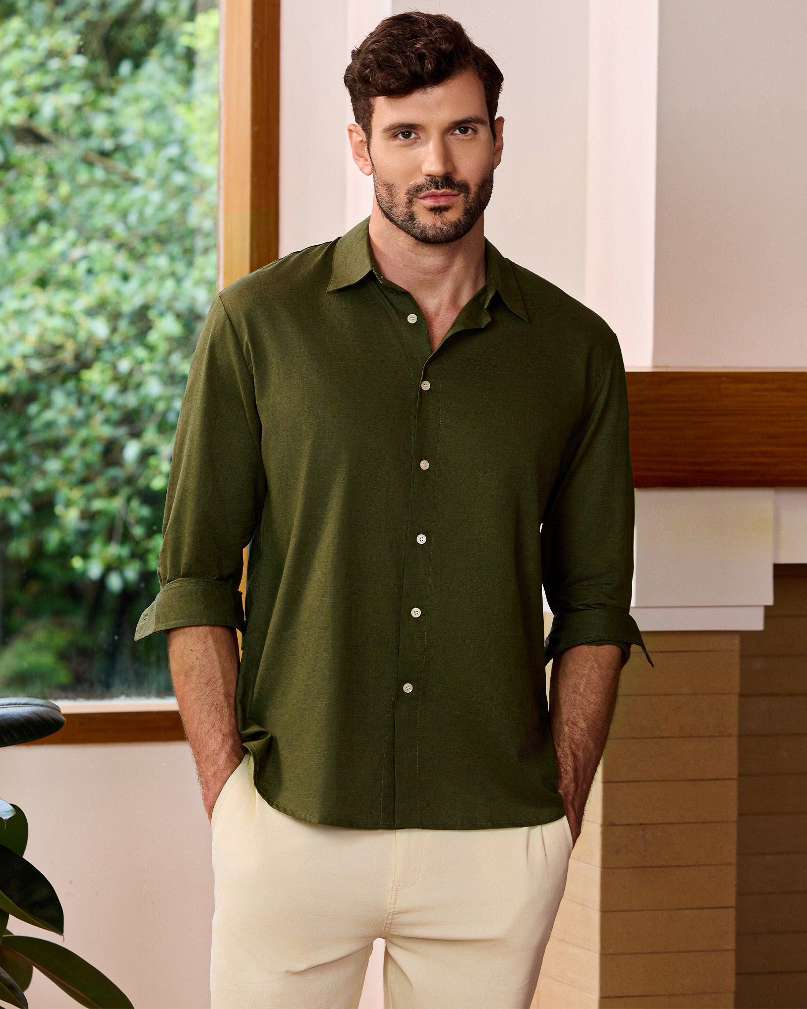 Linen Cotton Blend Long Sleeve Shirt