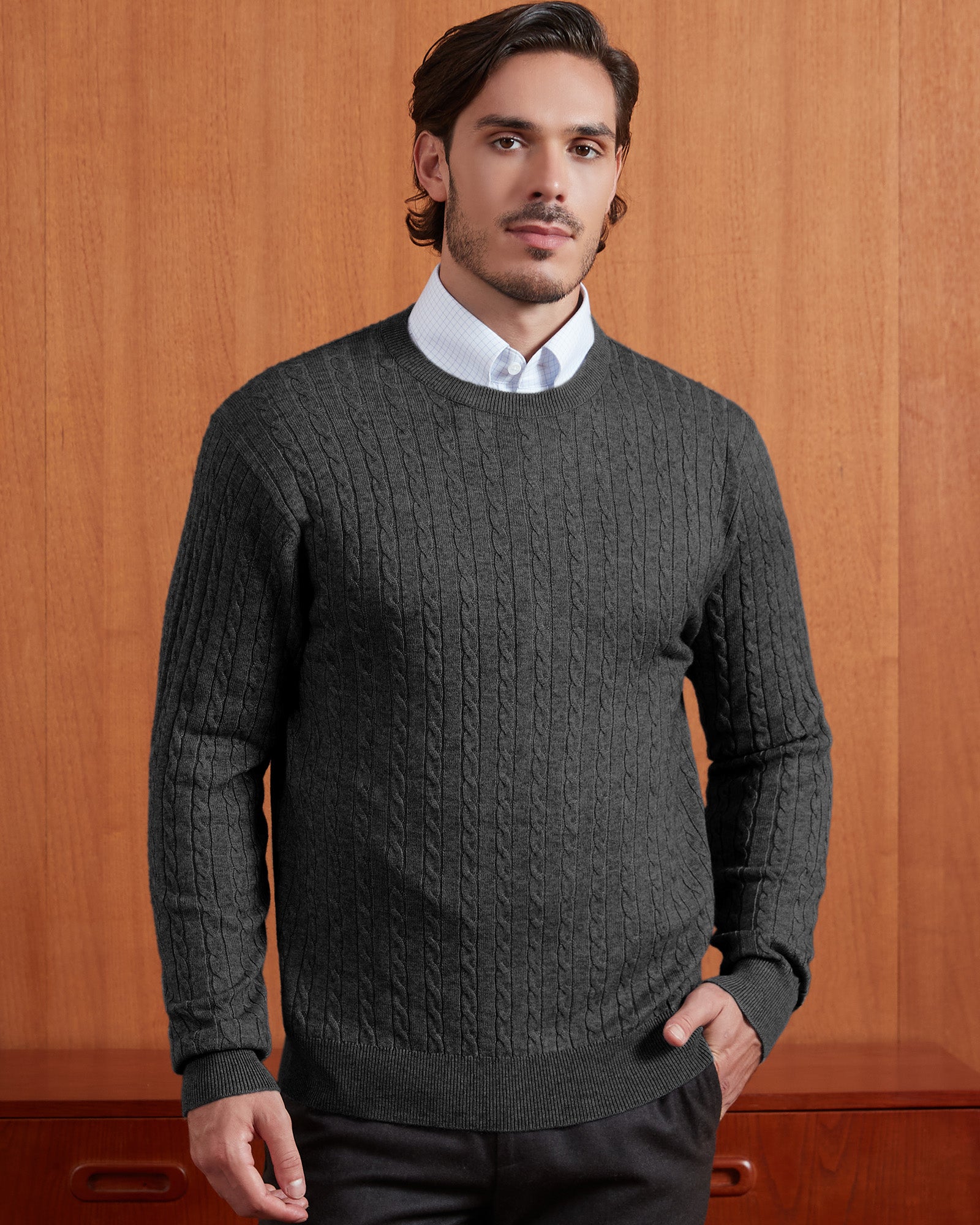 Kallspin Wool Blend Cable-Knit Crewneck Pullover - Premium Men's Clothing