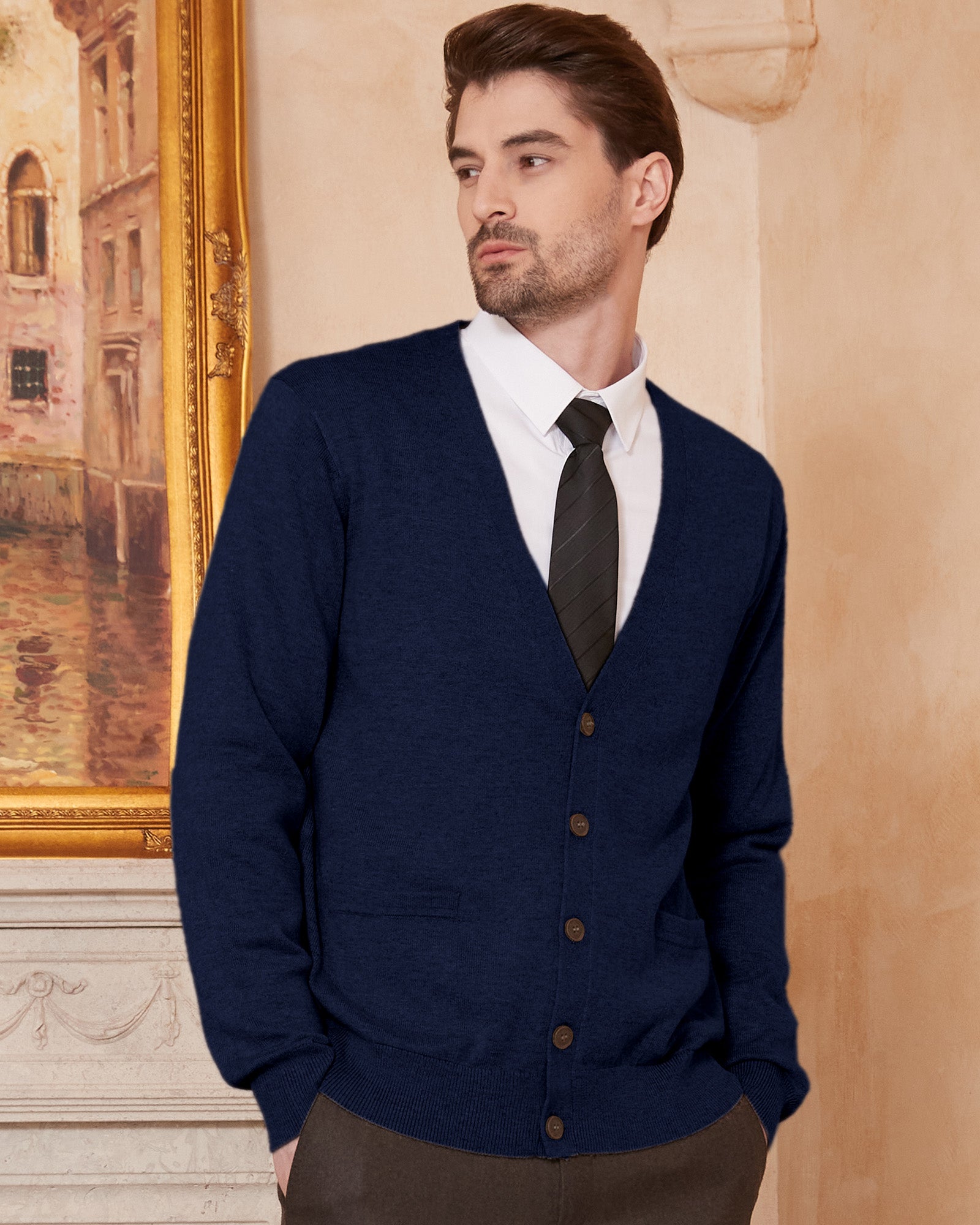 Kallspin Wool Blend V Neck Cardigan - Premium Men's Clothing