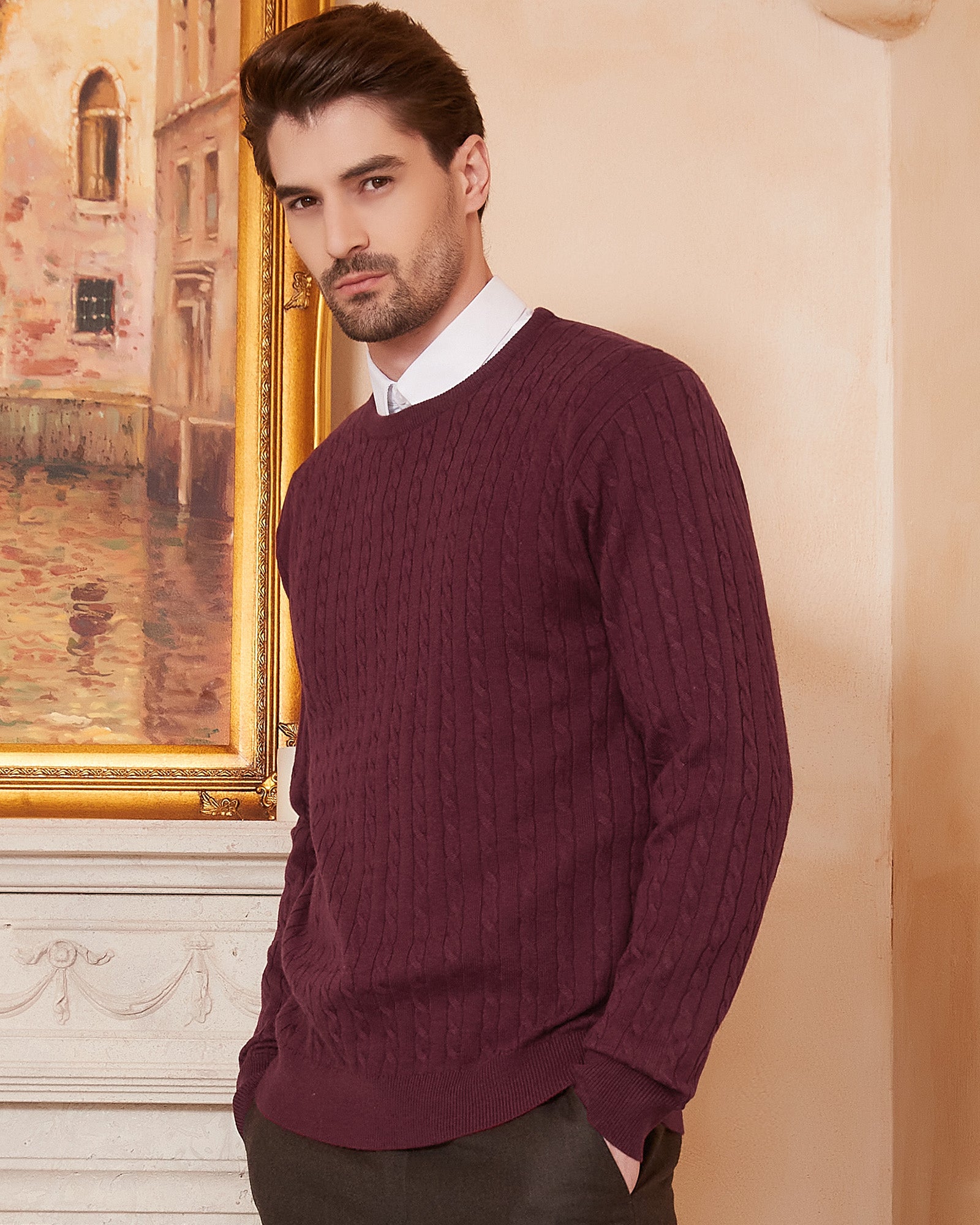 Kallspin Wool Blend Cable-Knit Crewneck Pullover - Premium Men's Clothing