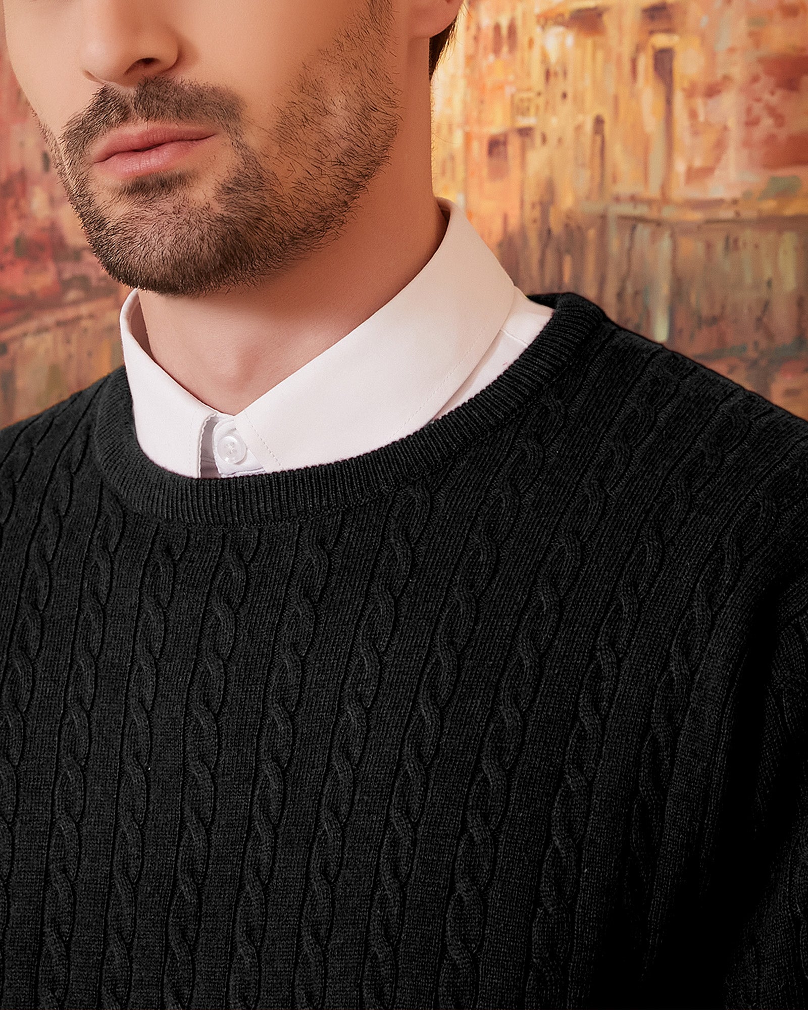 Kallspin Wool Blend Cable-Knit Crewneck Pullover - Premium Men's Clothing