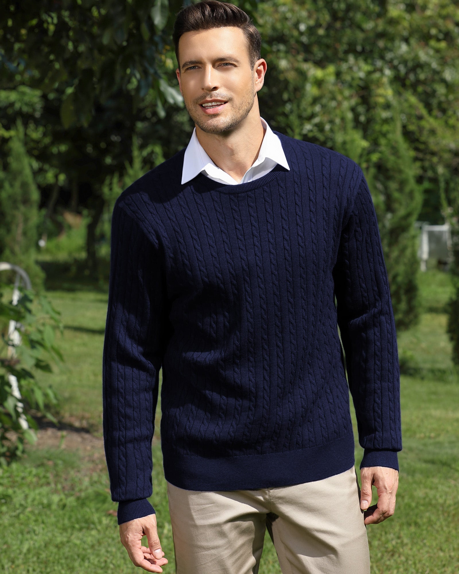 Kallspin Wool Blend Cable-Knit Crewneck Pullover - Premium Men's Clothing
