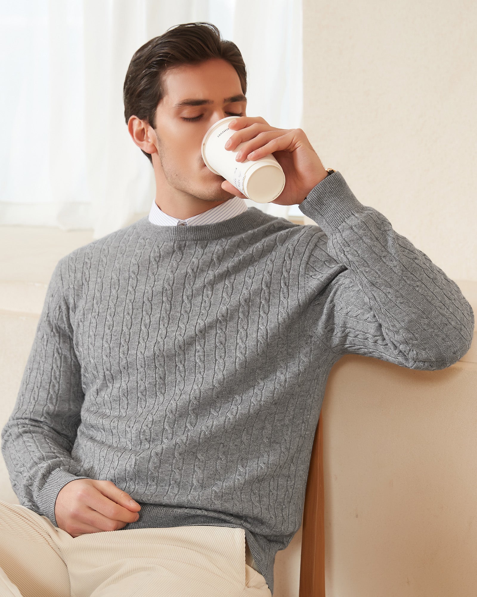 Kallspin Wool Blend Cable-Knit Crewneck Pullover - Premium Men's Clothing