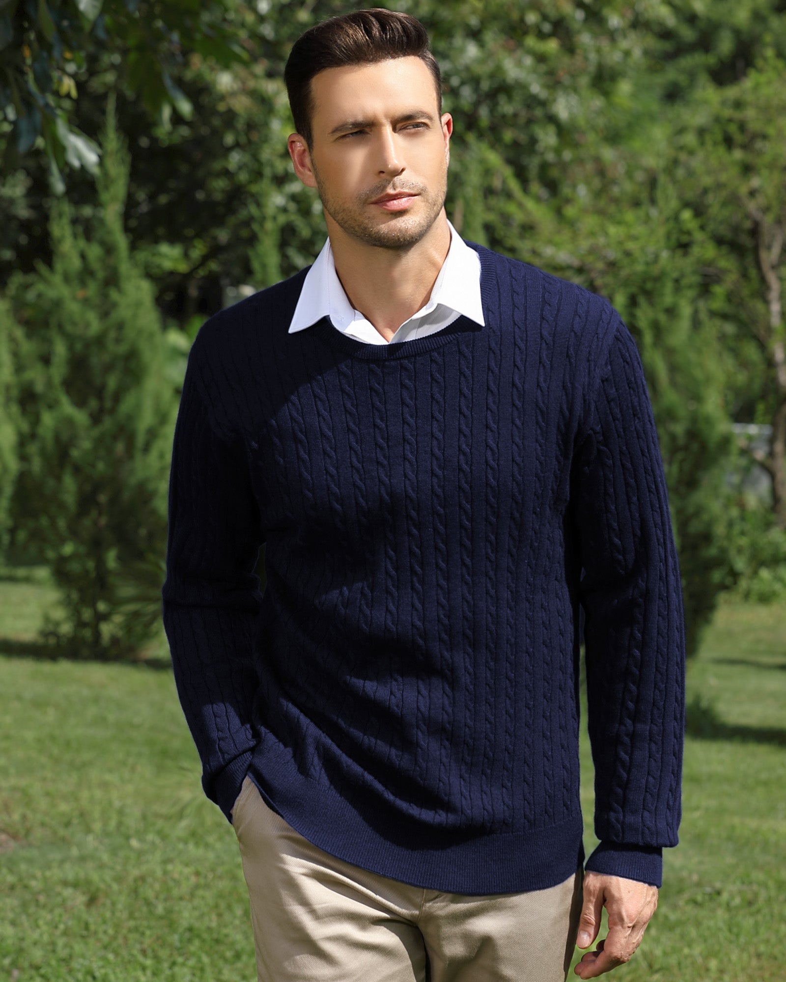 Kallspin Wool Blend Cable-Knit Crewneck Pullover - Premium Men's Clothing