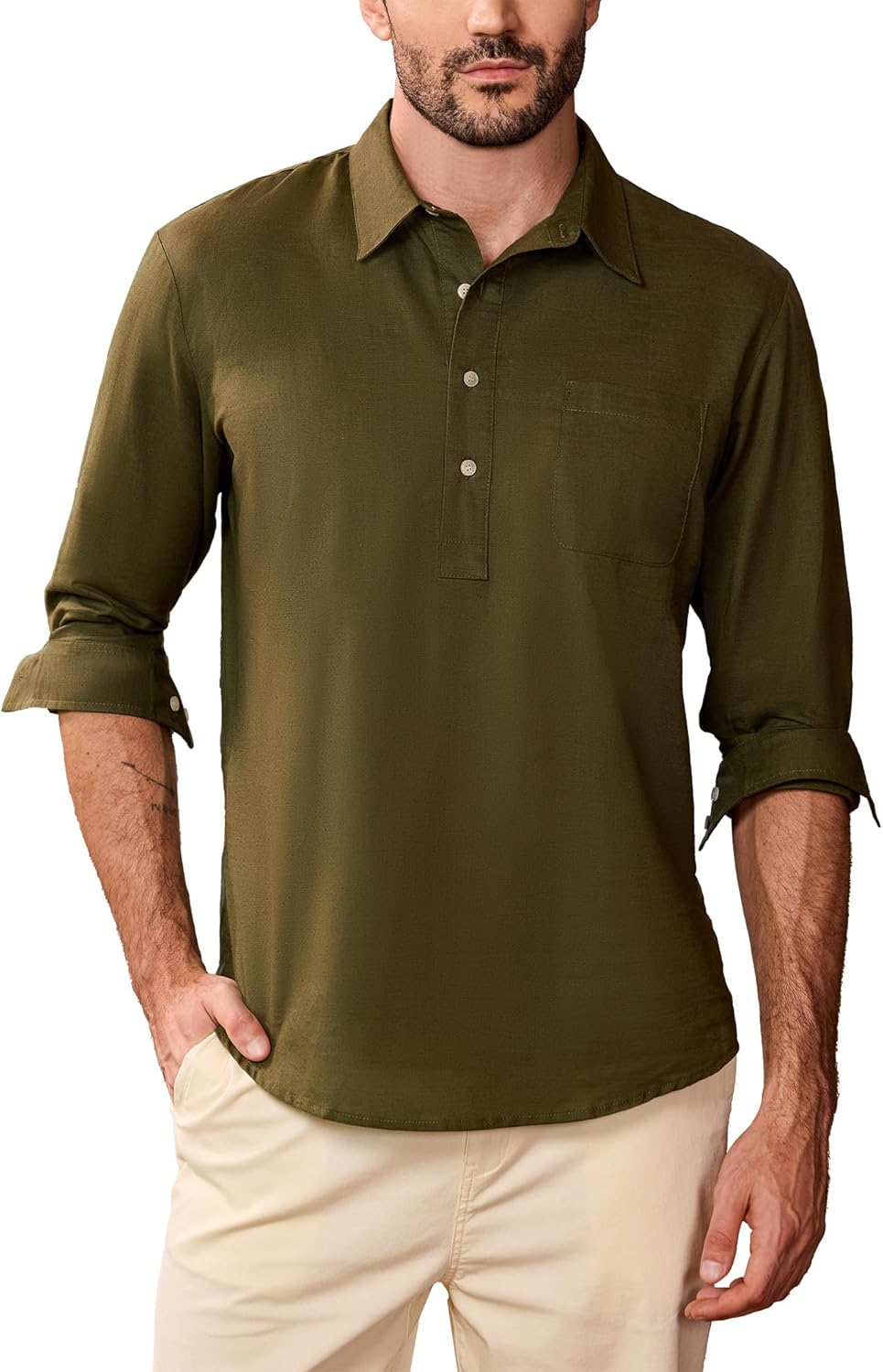 Linen Cotton Long Sleeve Shirt with Pocket - Beige