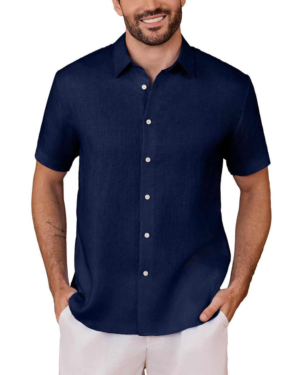 Kallspin Men's 100% Pure Linen Short Sleeve Shirt - White Front View