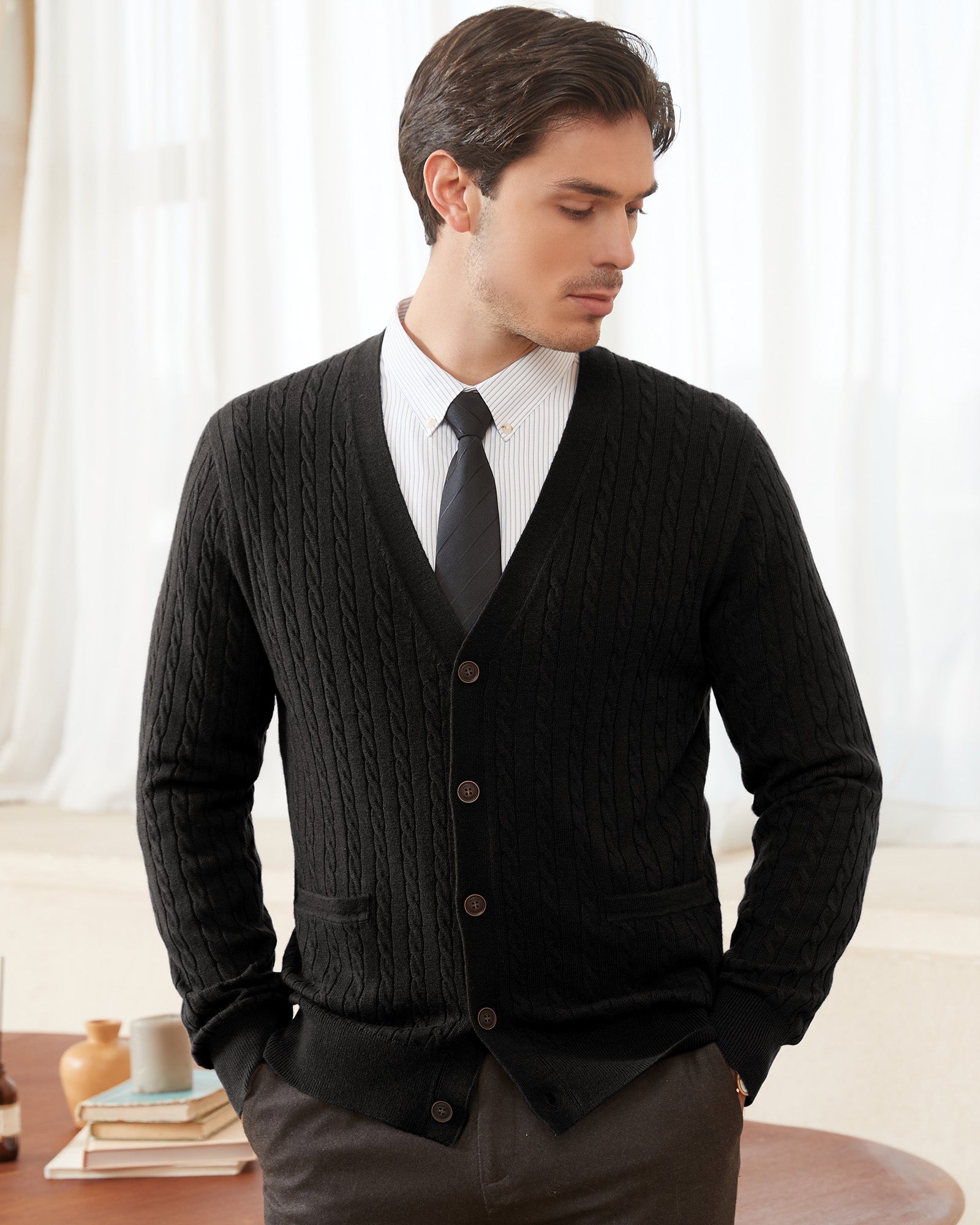 Wool Blend Cable-Knit Cardigan – kallspinstore