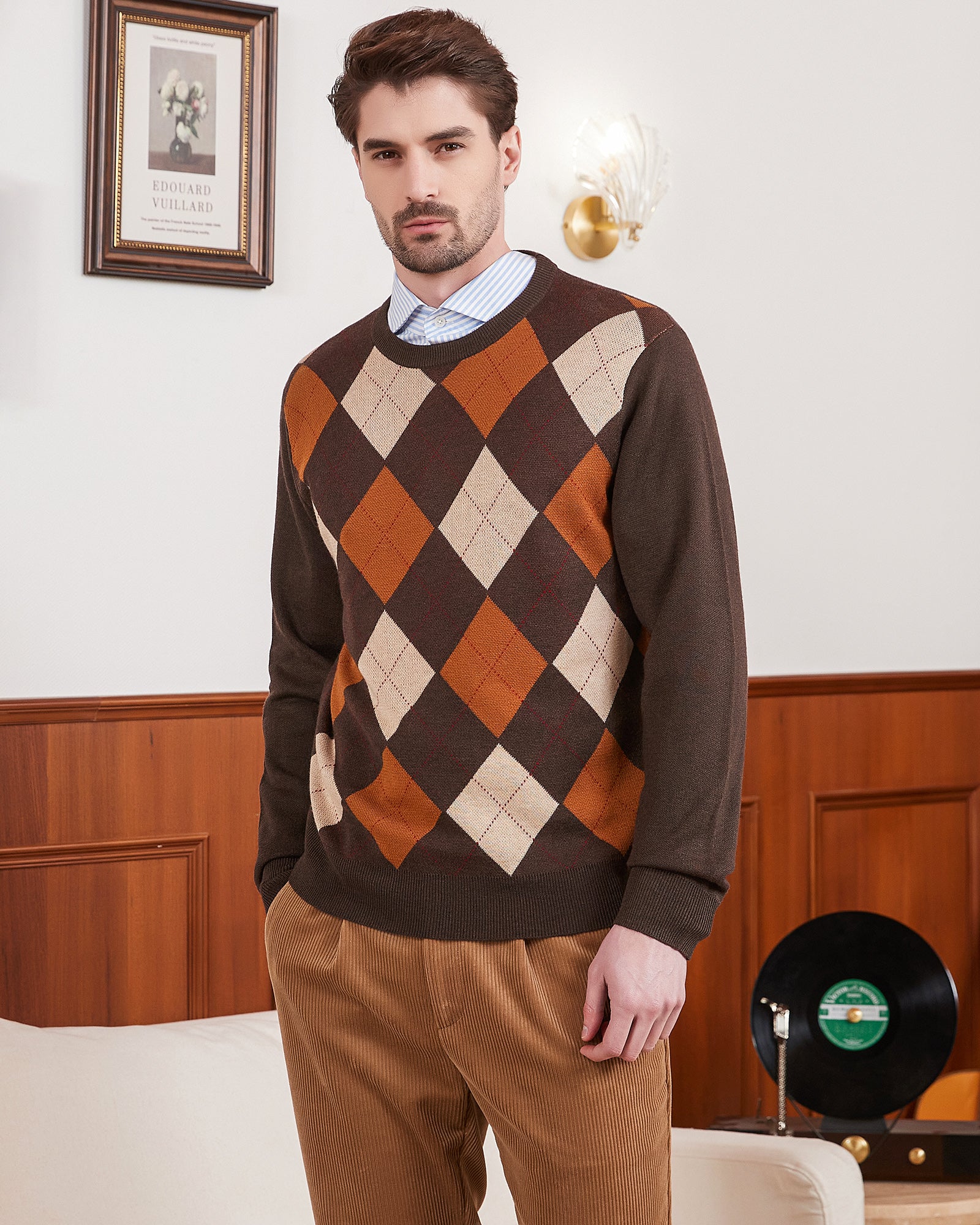 Kallspin Argyle Wool Crewneck Pullover - Premium Men's Clothing