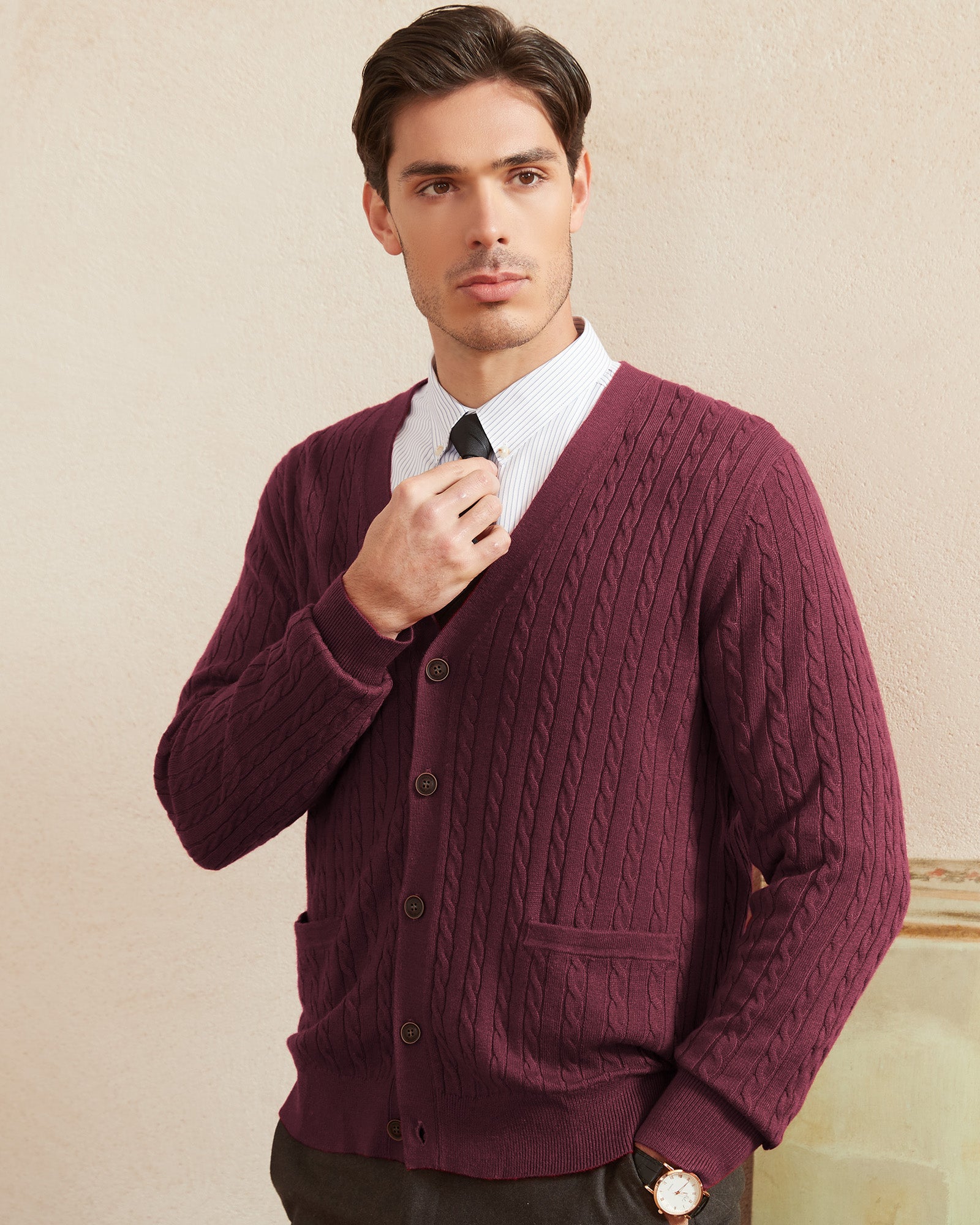 Kallspin Wool Blend Cable-Knit Cardigan - Premium Men's Clothing