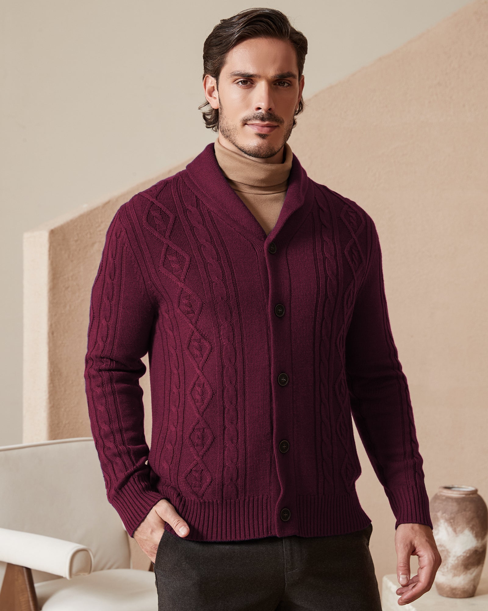 Cable Knit Cardigan Sweater Men Kallspin Men's Blend Wool Sweater
