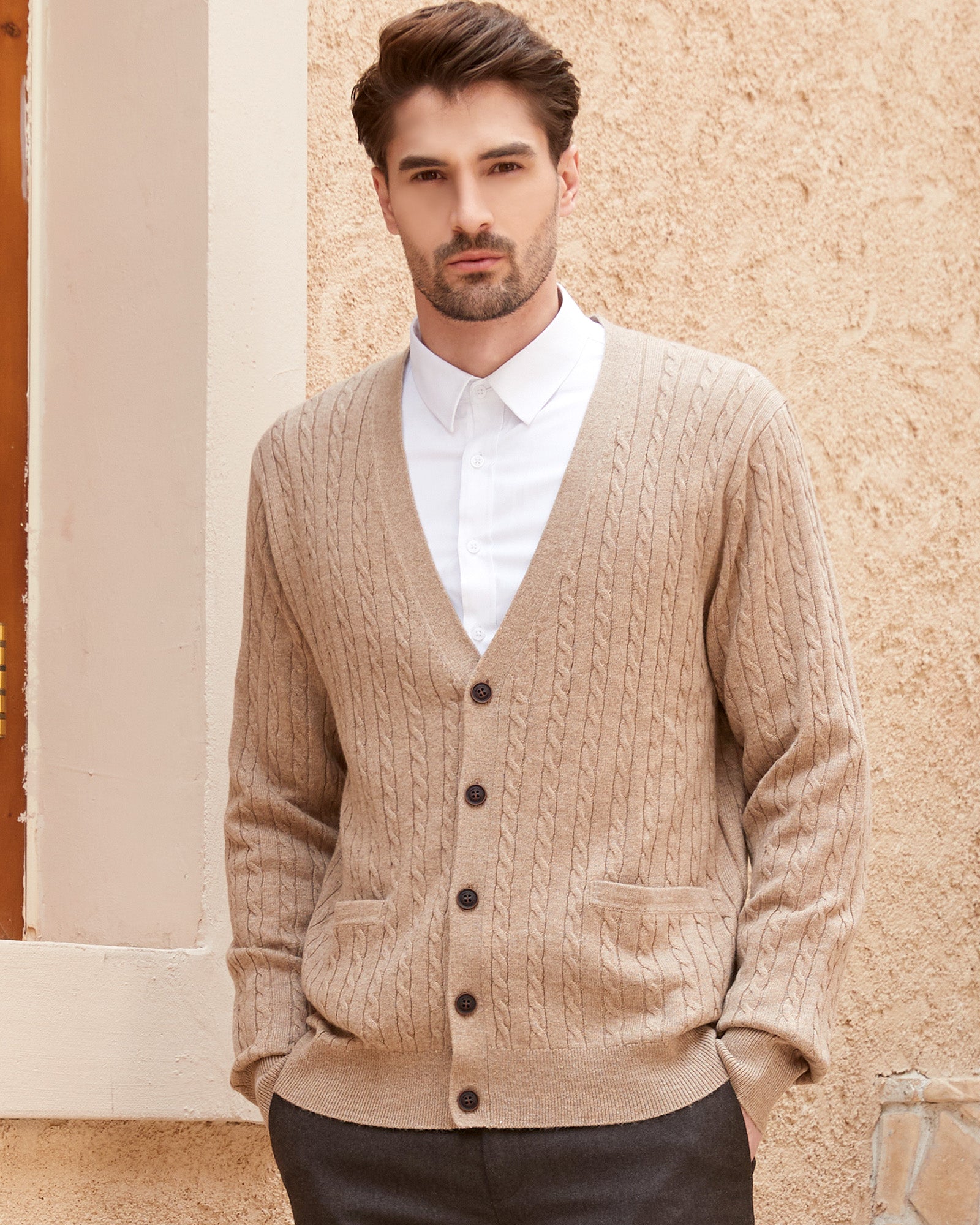 Kallspin Wool Blend Cable-Knit Cardigan - Premium Men's Clothing