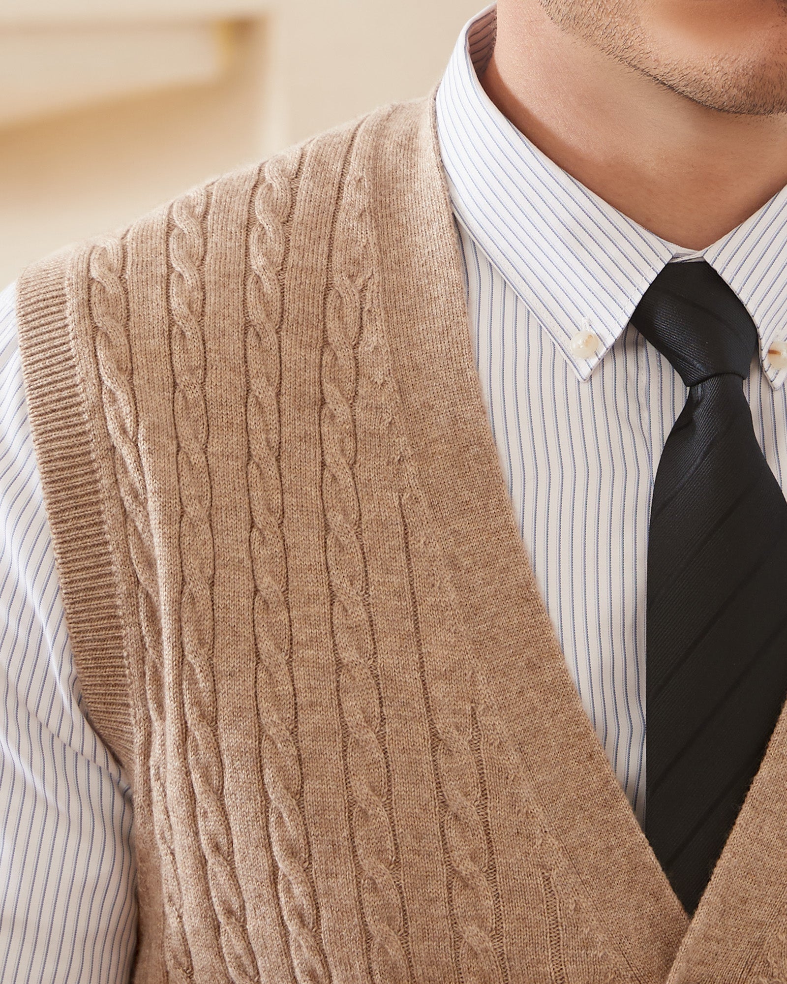 Kallspin Wool Blend Cable-Knit Cardigan Vest - Premium Men's Clothing