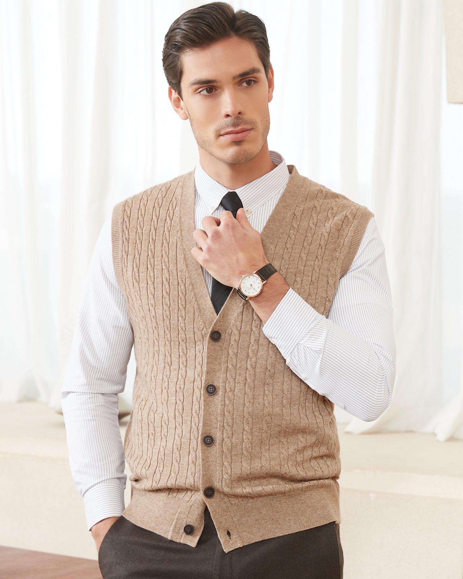 Kallspin Wool Blend Cable-Knit Cardigan Vest - Premium Men's Clothing