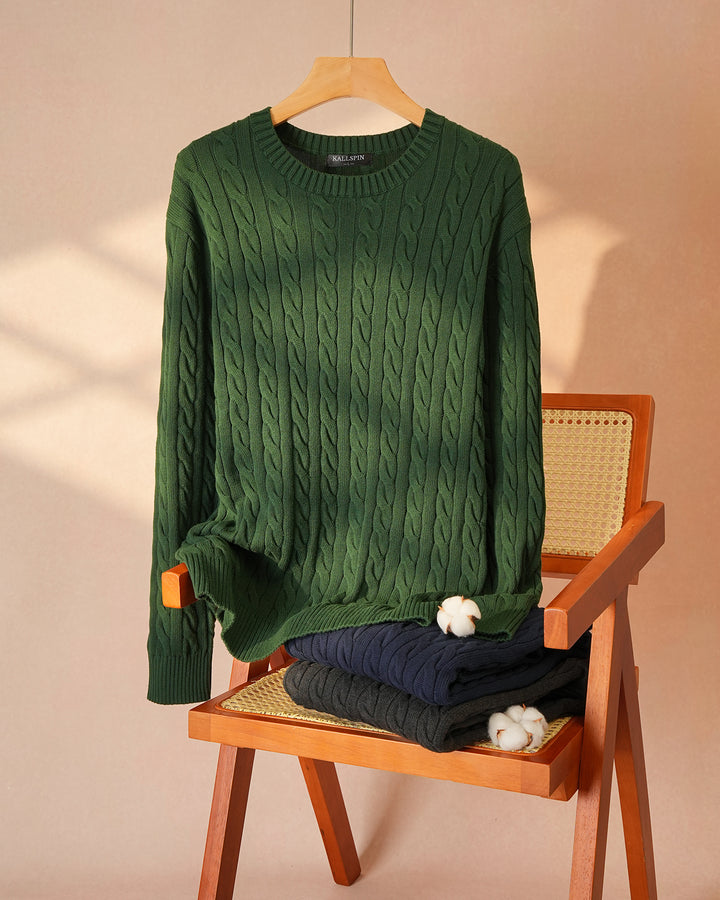 Cotton Crewneck Cable-Knit Pullover