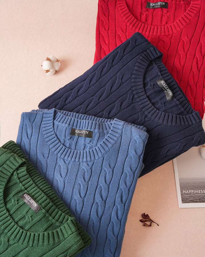 Cotton Crewneck Cable-Knit Pullover