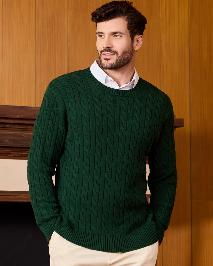 Cotton Crewneck Cable-Knit Pullover