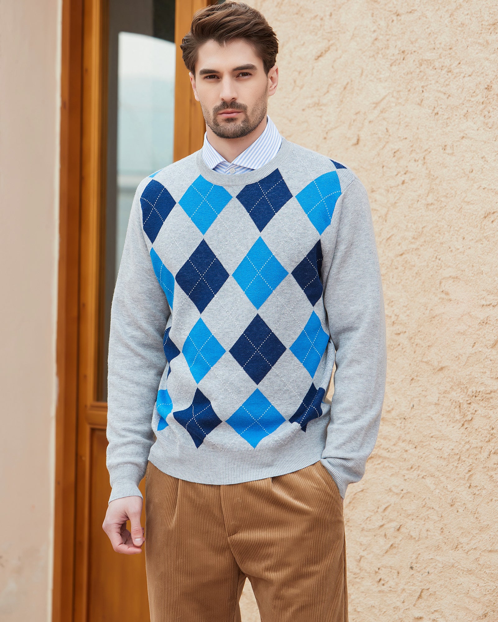 Kallspin Argyle Wool Crewneck Pullover - Premium Men's Clothing