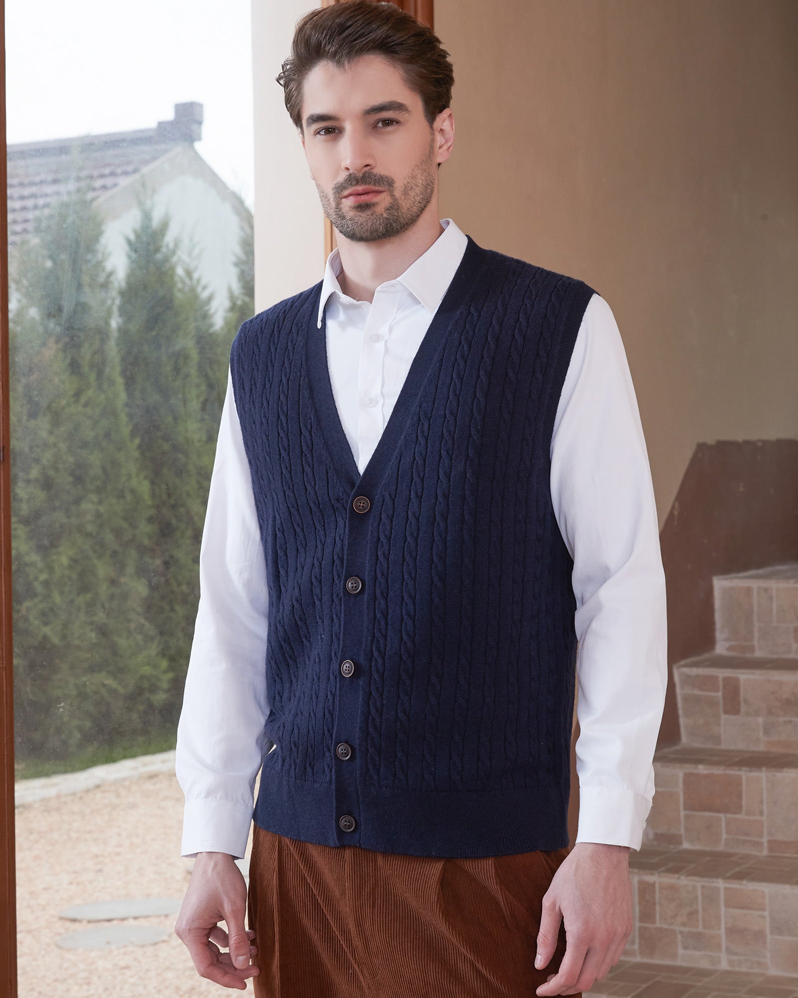 Kallspin Wool Blend Cable-Knit Cardigan Vest - Premium Men's Clothing