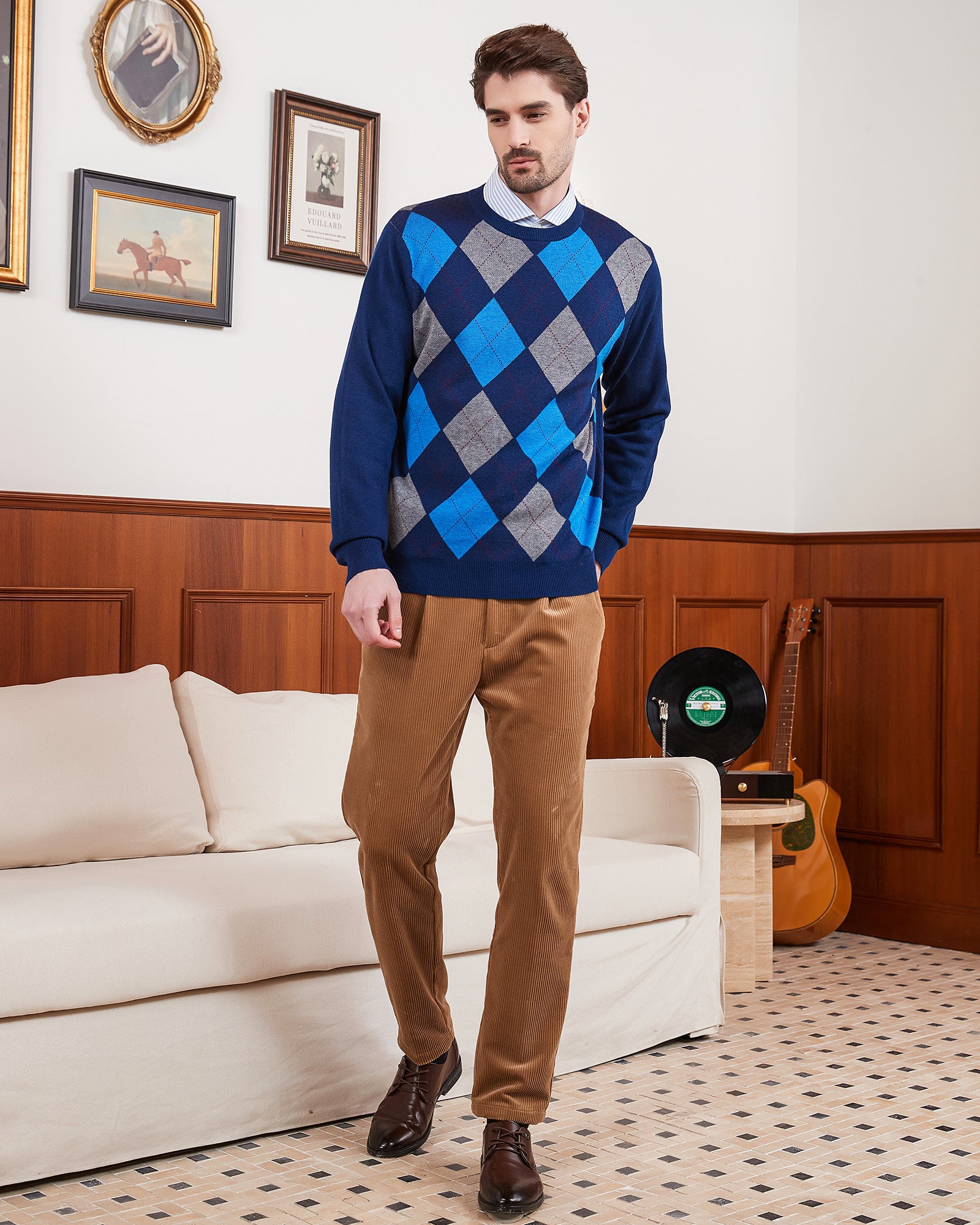 Kallspin Argyle Wool Crewneck Pullover - Premium Men's Clothing