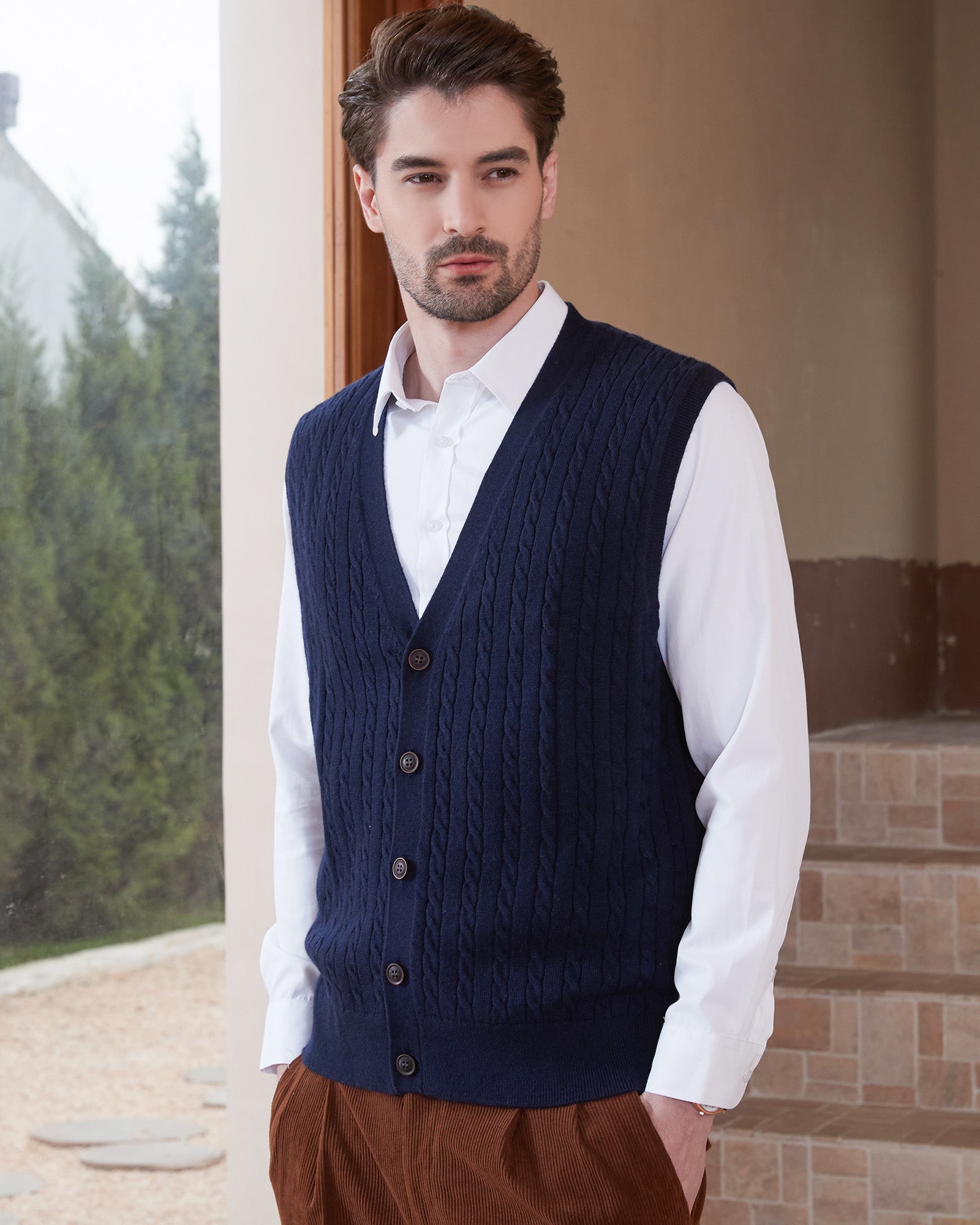 Kallspin Wool Blend Cable-Knit Cardigan Vest - Premium Men's Clothing