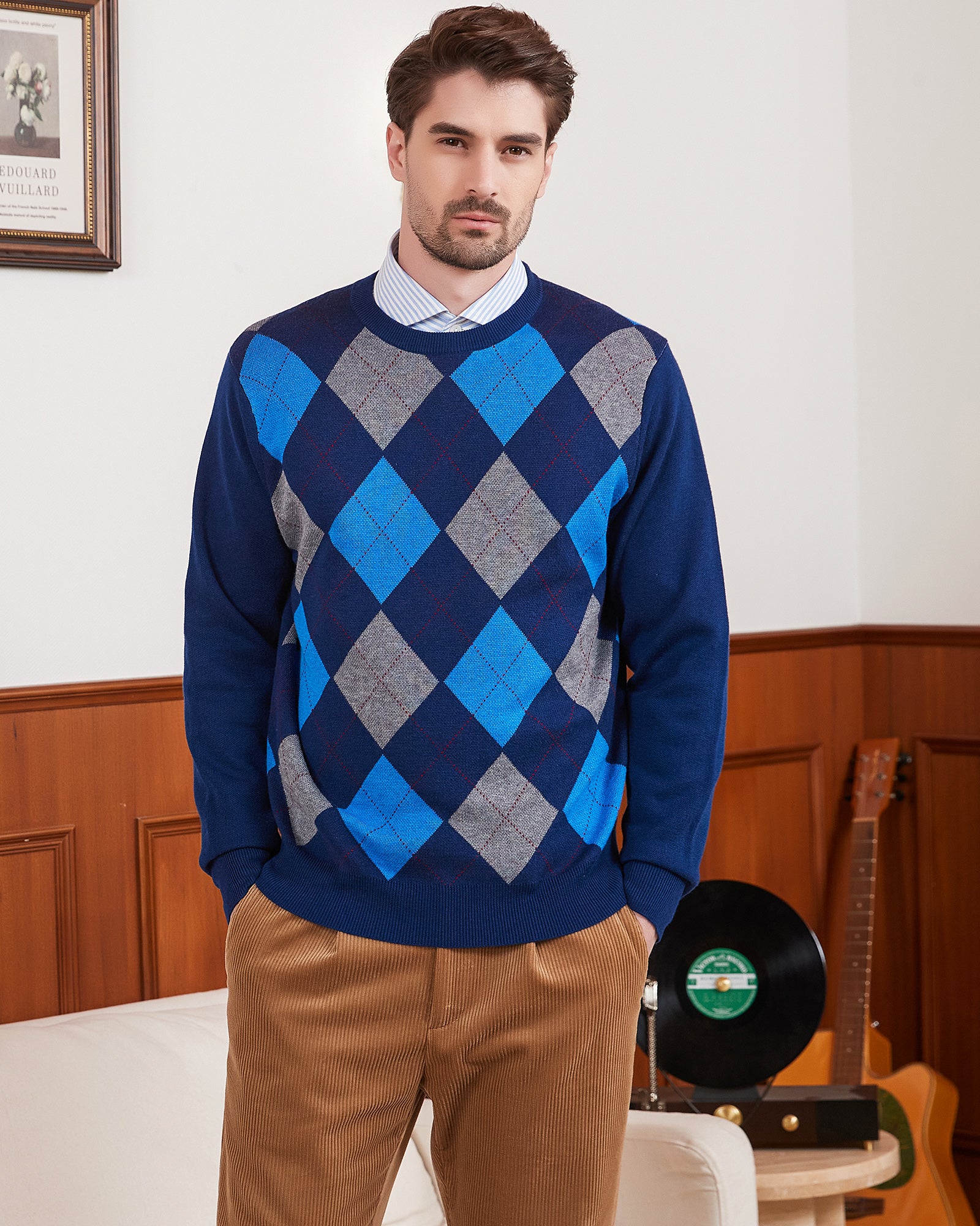 Kallspin Argyle Wool Crewneck Pullover - Premium Men's Clothing
