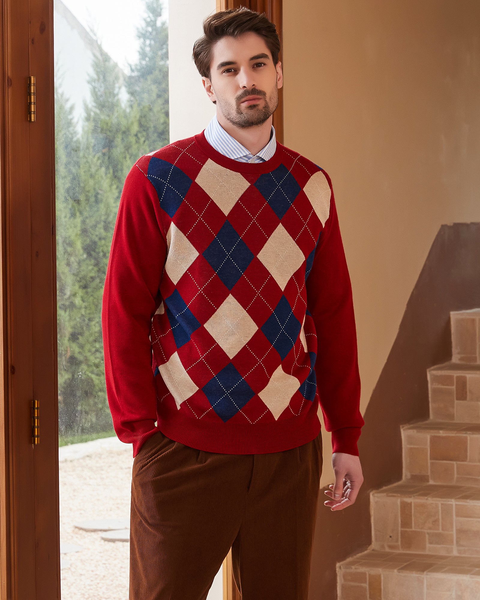 Kallspin Argyle Wool Crewneck Pullover - Premium Men's Clothing