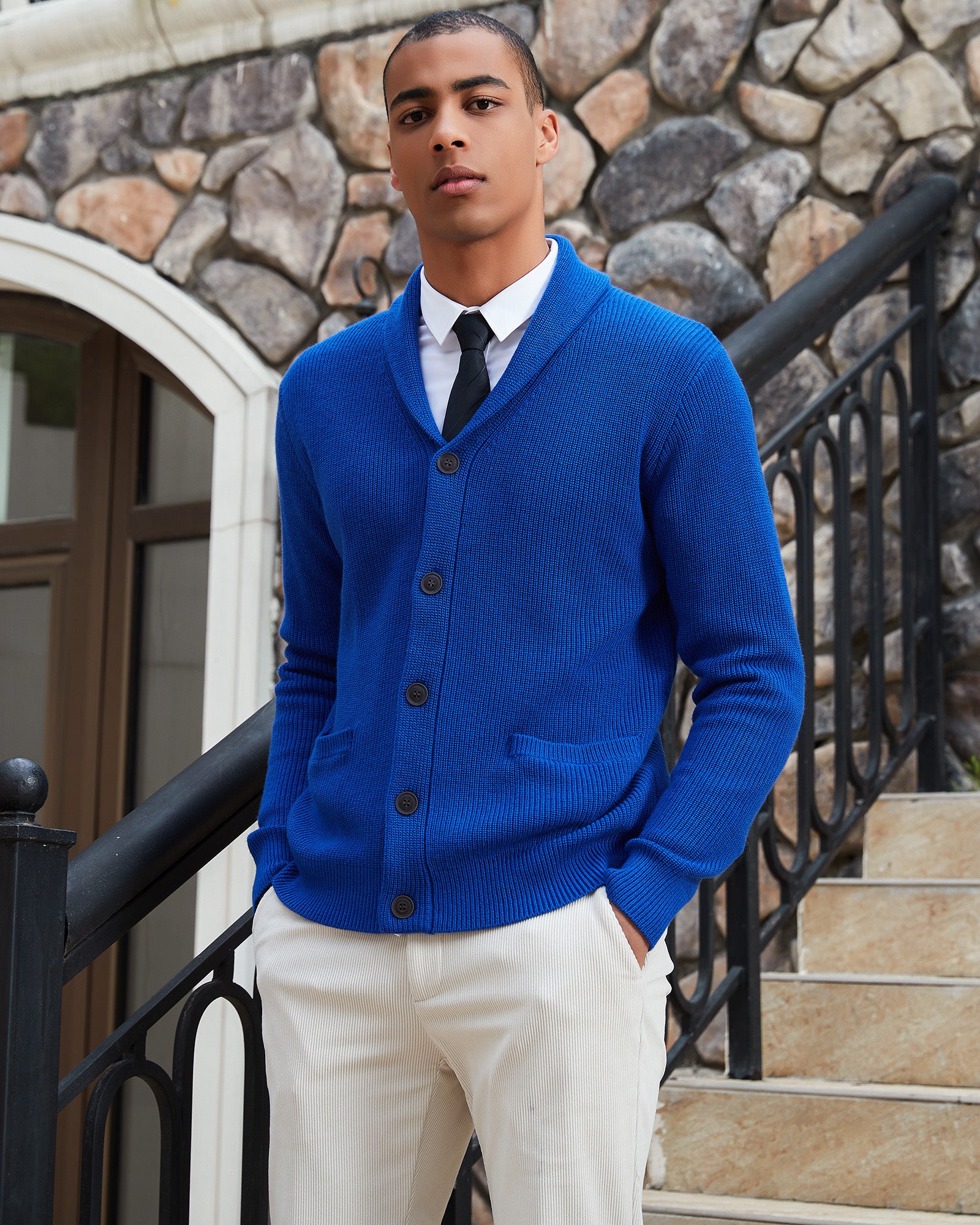 Wool Mens Cardigan Sweater With Shawl Collar Men's Ribbed Shawl