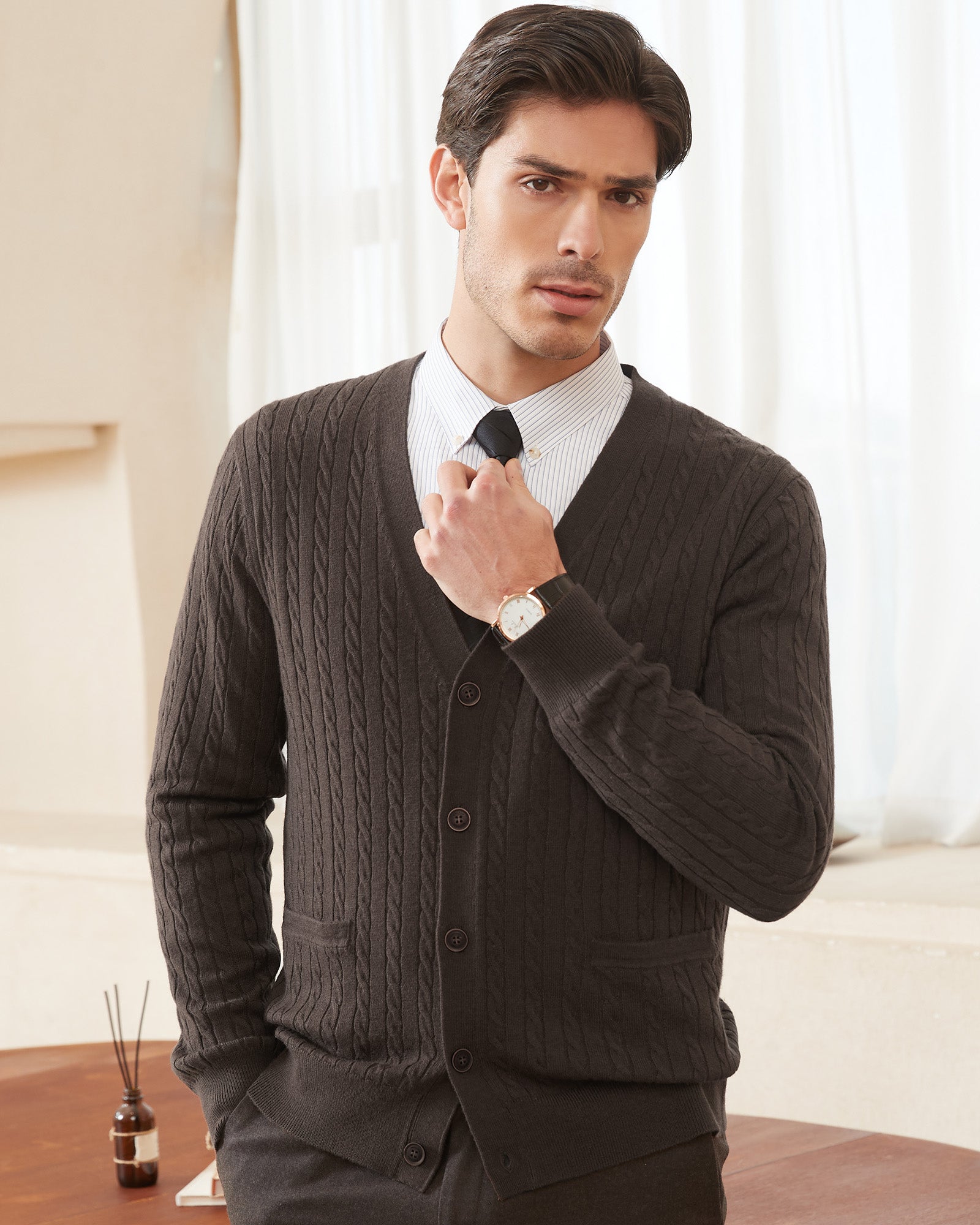 Kallspin Wool Blend Cable-Knit Cardigan - Premium Men's Clothing