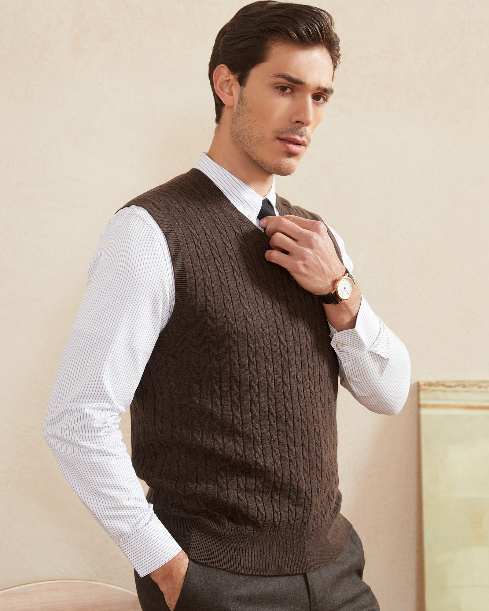 Kallspin Wool Blend Cable-Knit Vest Pullover - Premium Men's Clothing