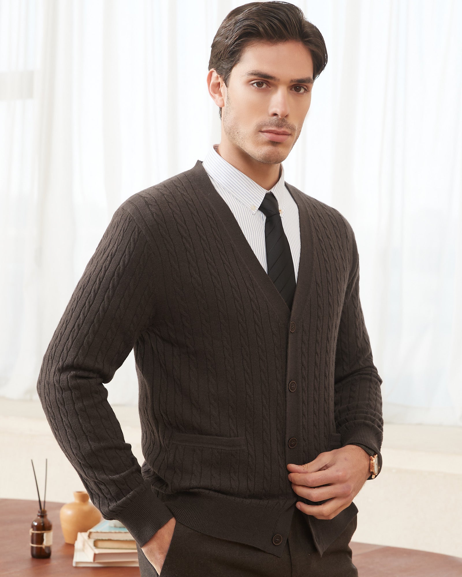 Kallspin Wool Blend Cable-Knit Cardigan - Premium Men's Clothing