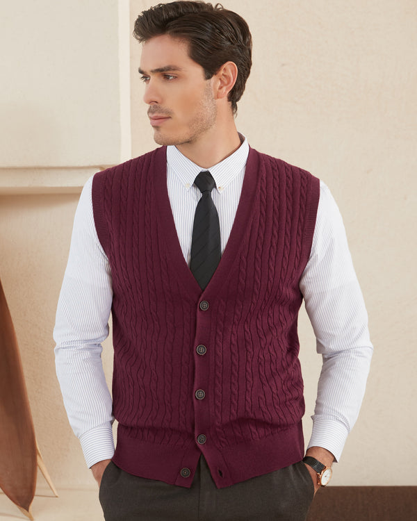 Wool Blend Cable-Knit Cardigan Vest