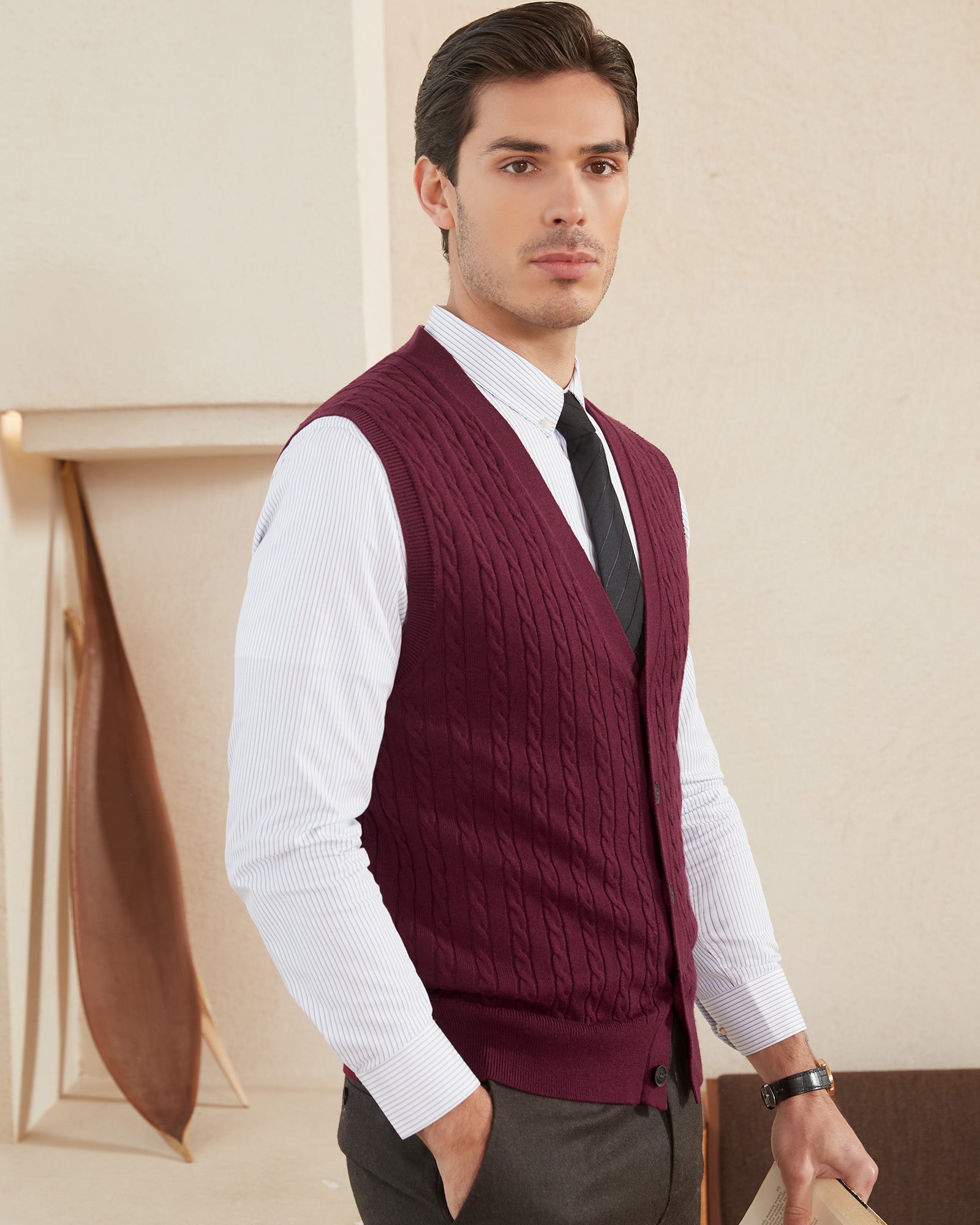 Wool Blend Cable-Knit Cardigan Vest – kallspinstore