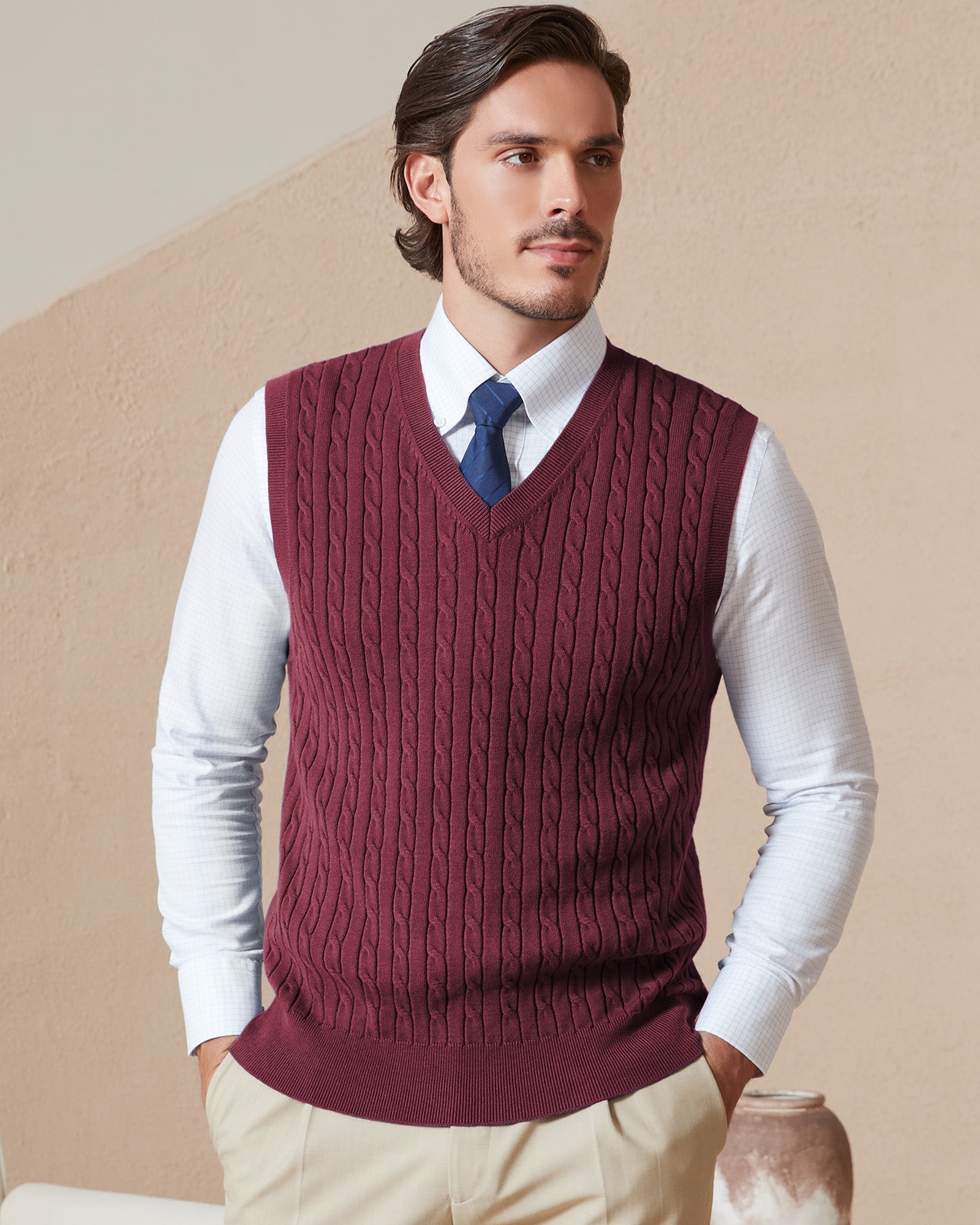 Kallspin Wool Blend Cable-Knit Vest Pullover - Premium Men's Clothing