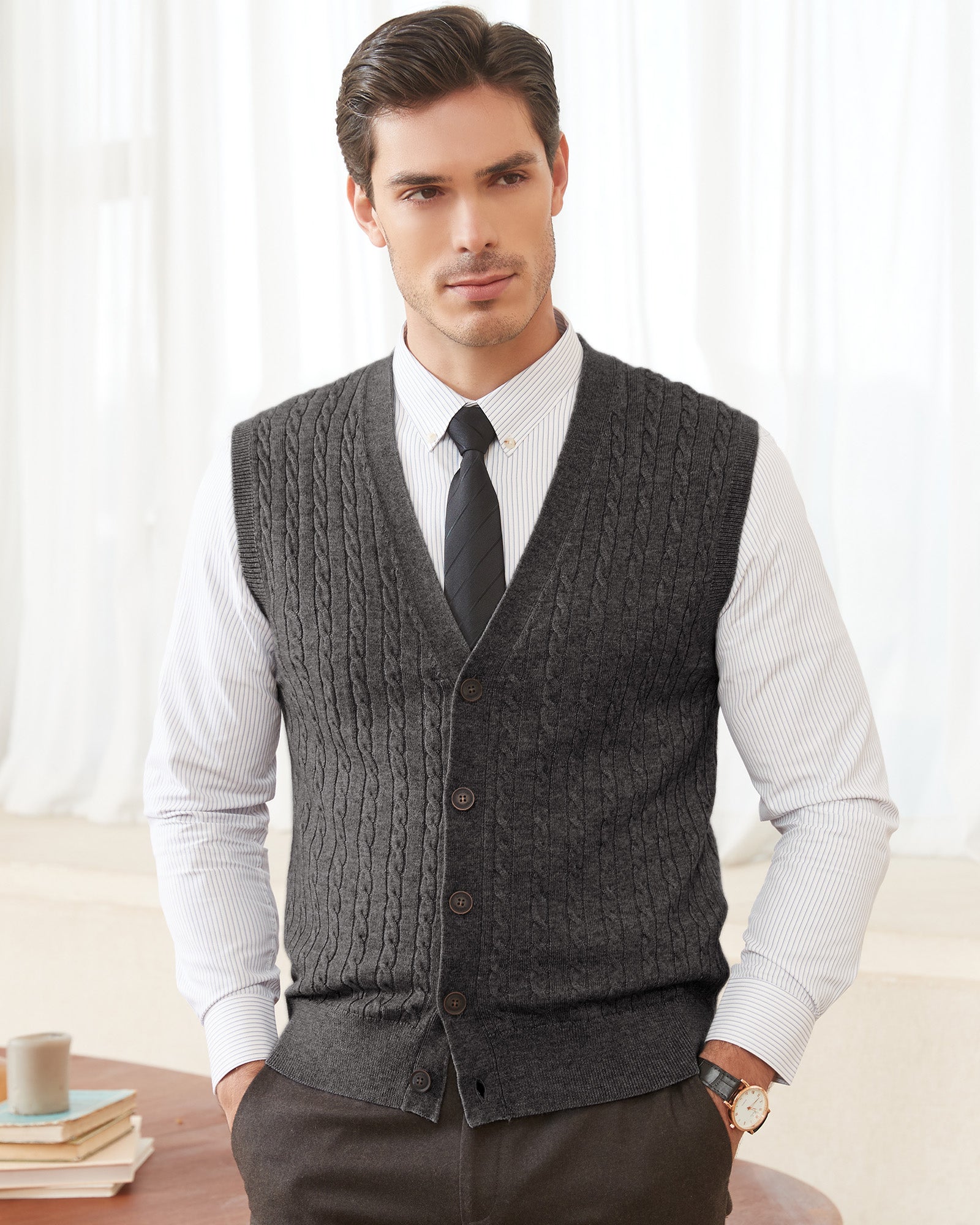 Kallspin Wool Blend Cable-Knit Cardigan Vest - Premium Men's Clothing