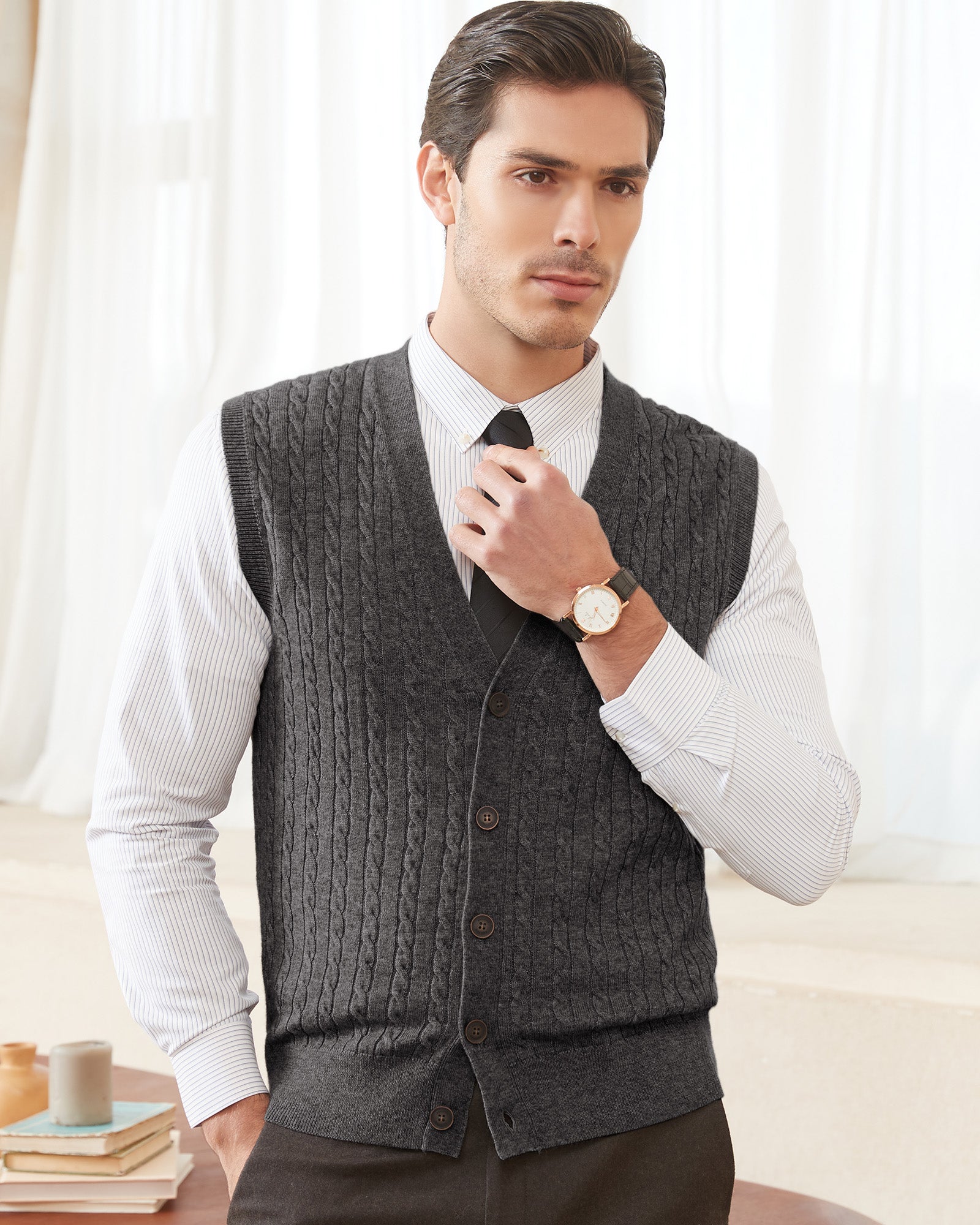 Kallspin Wool Blend Cable-Knit Cardigan Vest - Premium Men's Clothing