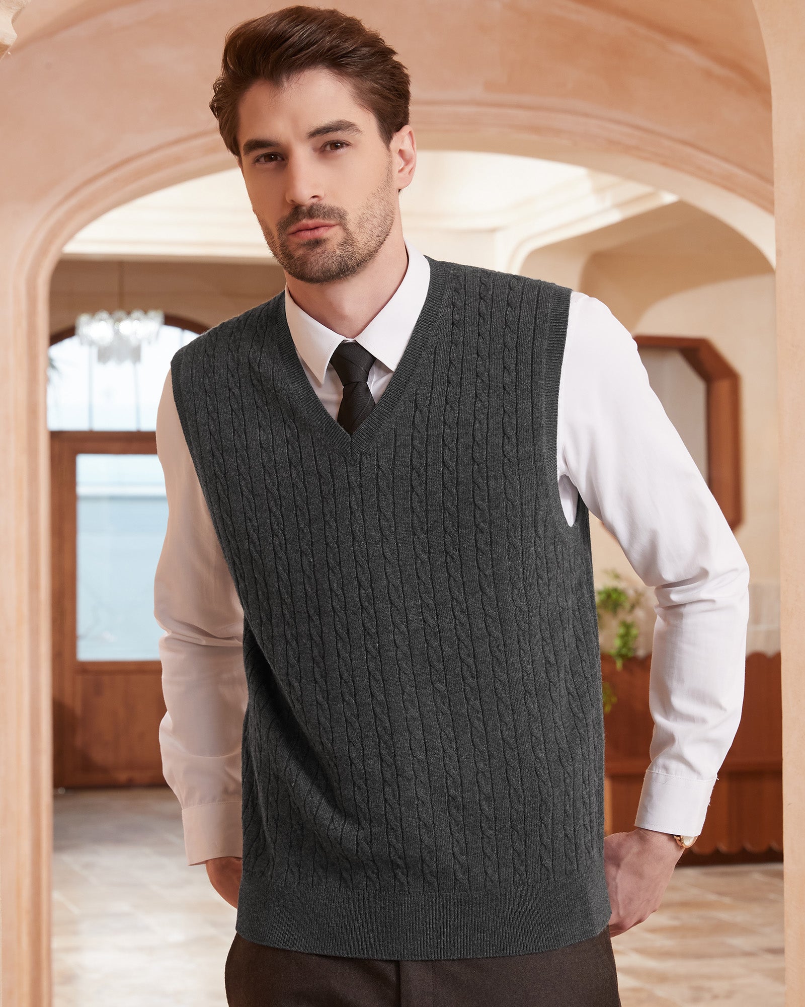 Kallspin Wool Blend Cable-Knit Vest Pullover - Premium Men's Clothing
