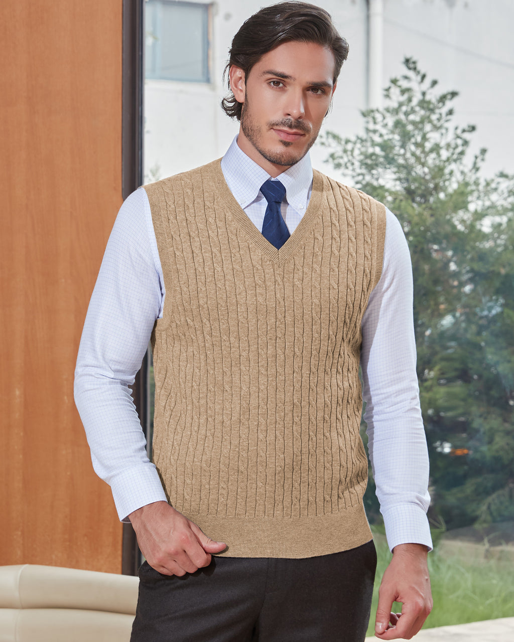 Kallspin Wool Blend Cable-Knit Vest Pullover - Premium Men's Clothing