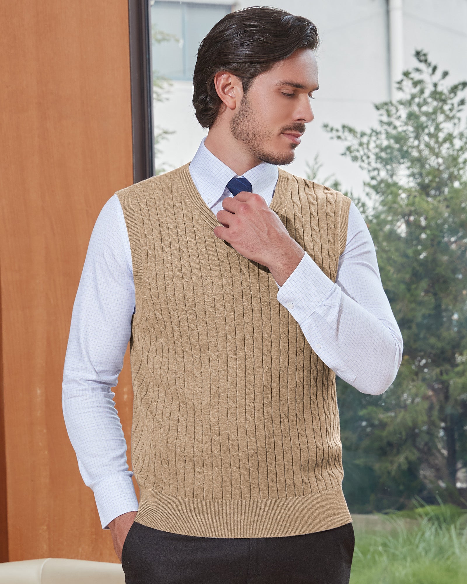 Kallspin Wool Blend Cable-Knit Vest Pullover - Premium Men's Clothing