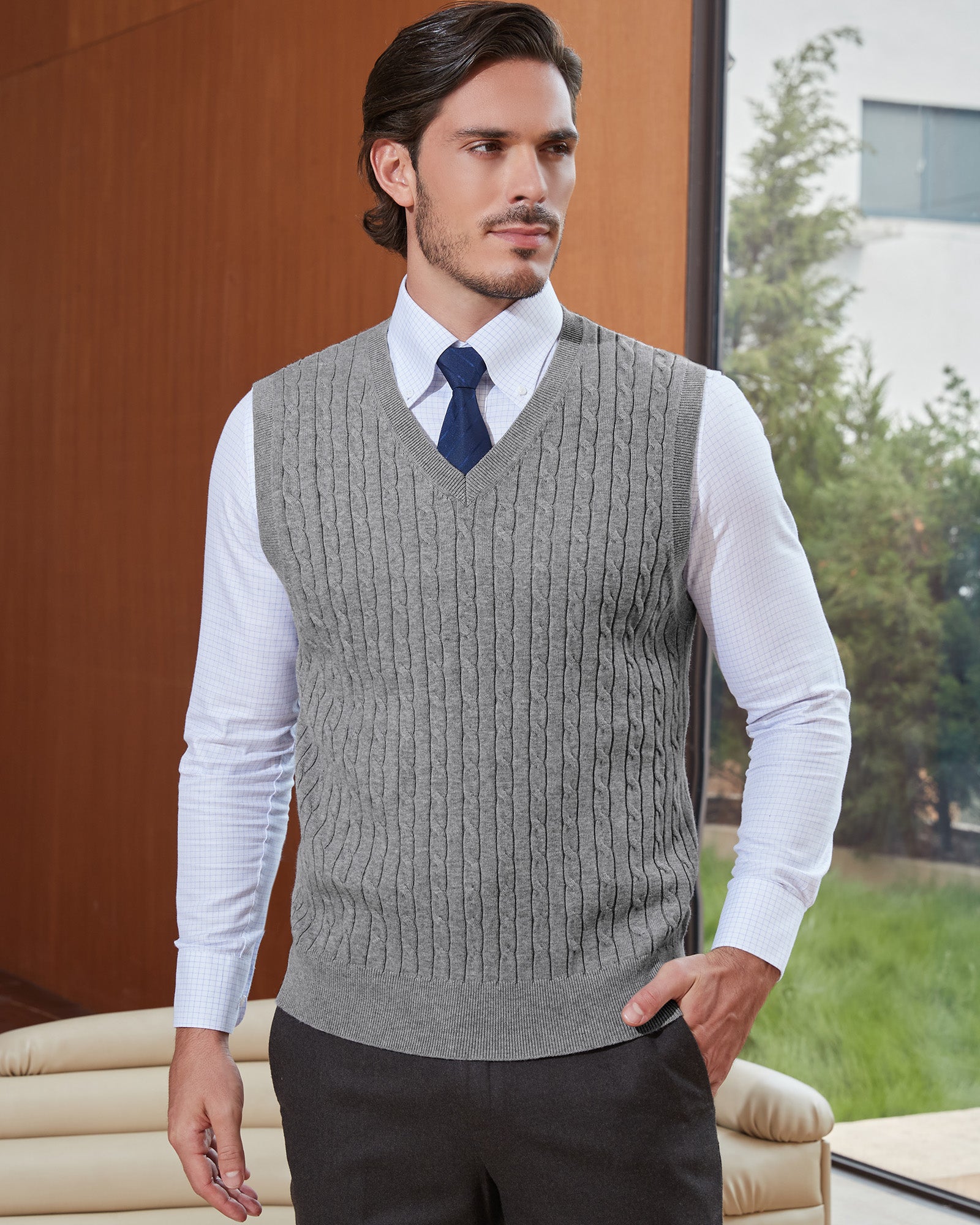 Kallspin Wool Blend Cable-Knit Vest Pullover - Premium Men's Clothing