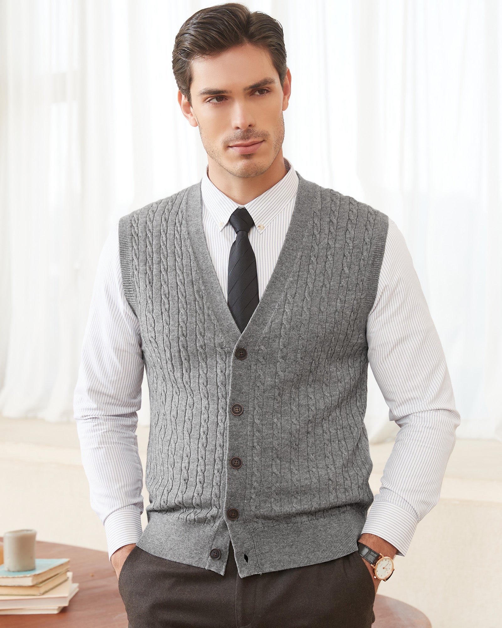 Kallspin Wool Blend Cable-Knit Cardigan Vest - Premium Men's Clothing