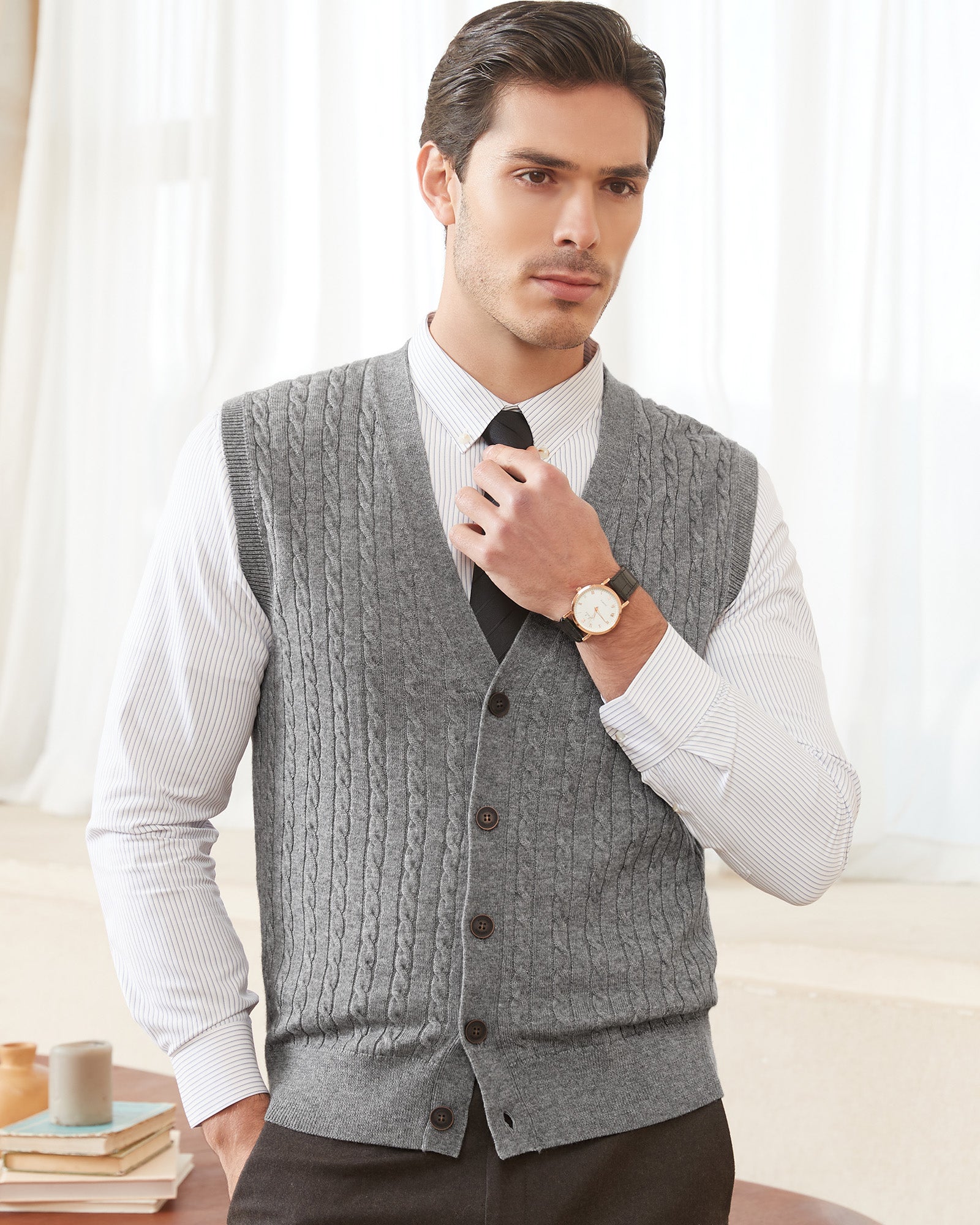 Kallspin Wool Blend Cable-Knit Cardigan Vest - Premium Men's Clothing