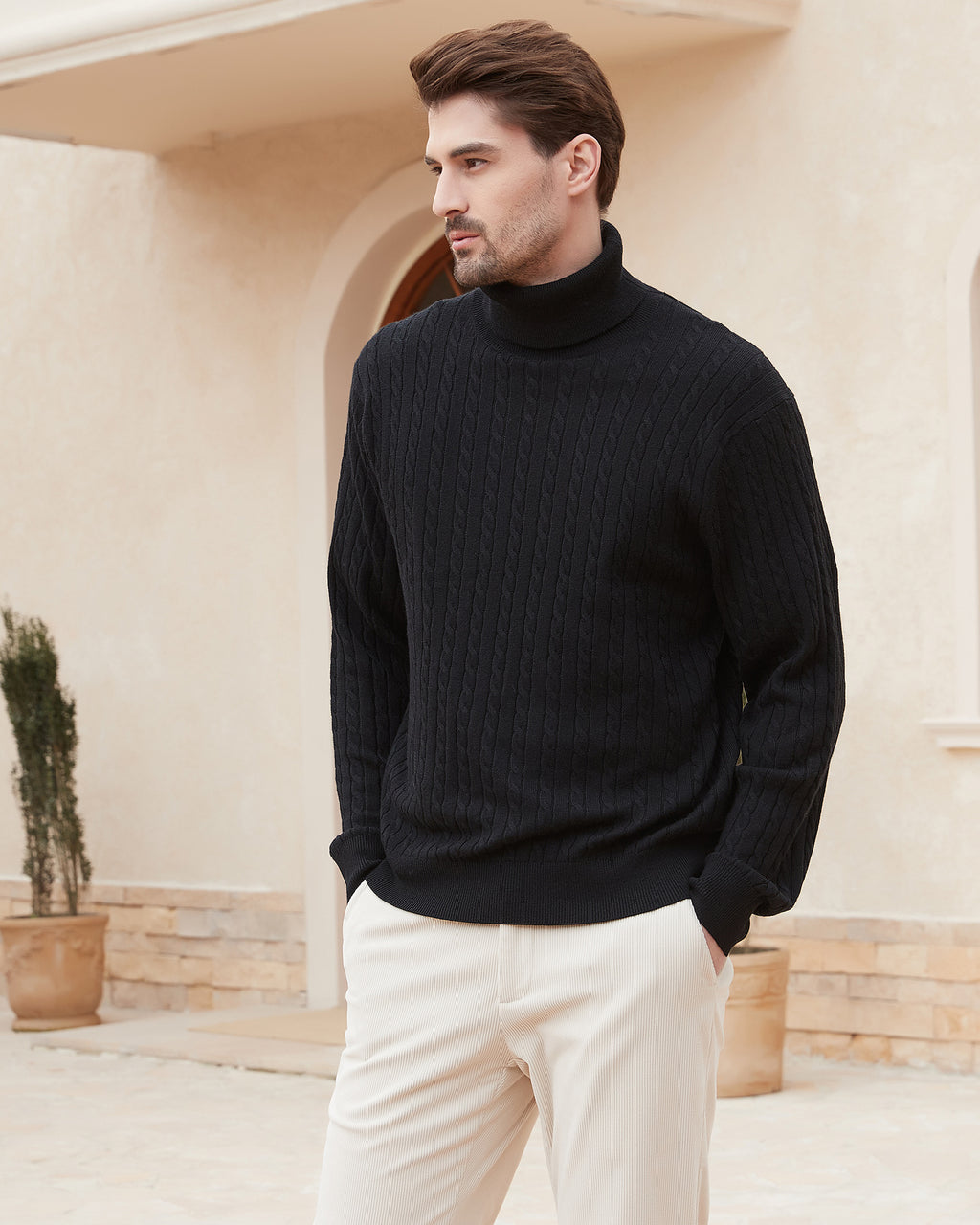 Kallspin Wool Blend Cable-Knit Turtleneck Pullover - Premium Men's Clothing